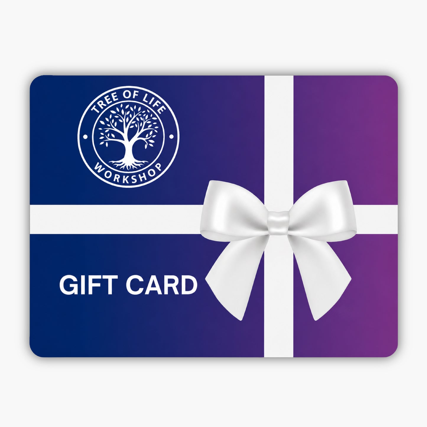 Gift card showcasing a purple-blue gradient backdrop with a white ribbon and bow, featuring the Tree of Life Workshop logo—a stylized tree—in the top left, with Gift Card prominently at the bottom left.