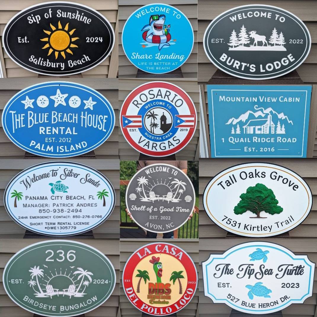Examples of custom carved outdoor PVC signs by Tree of Life Workshop