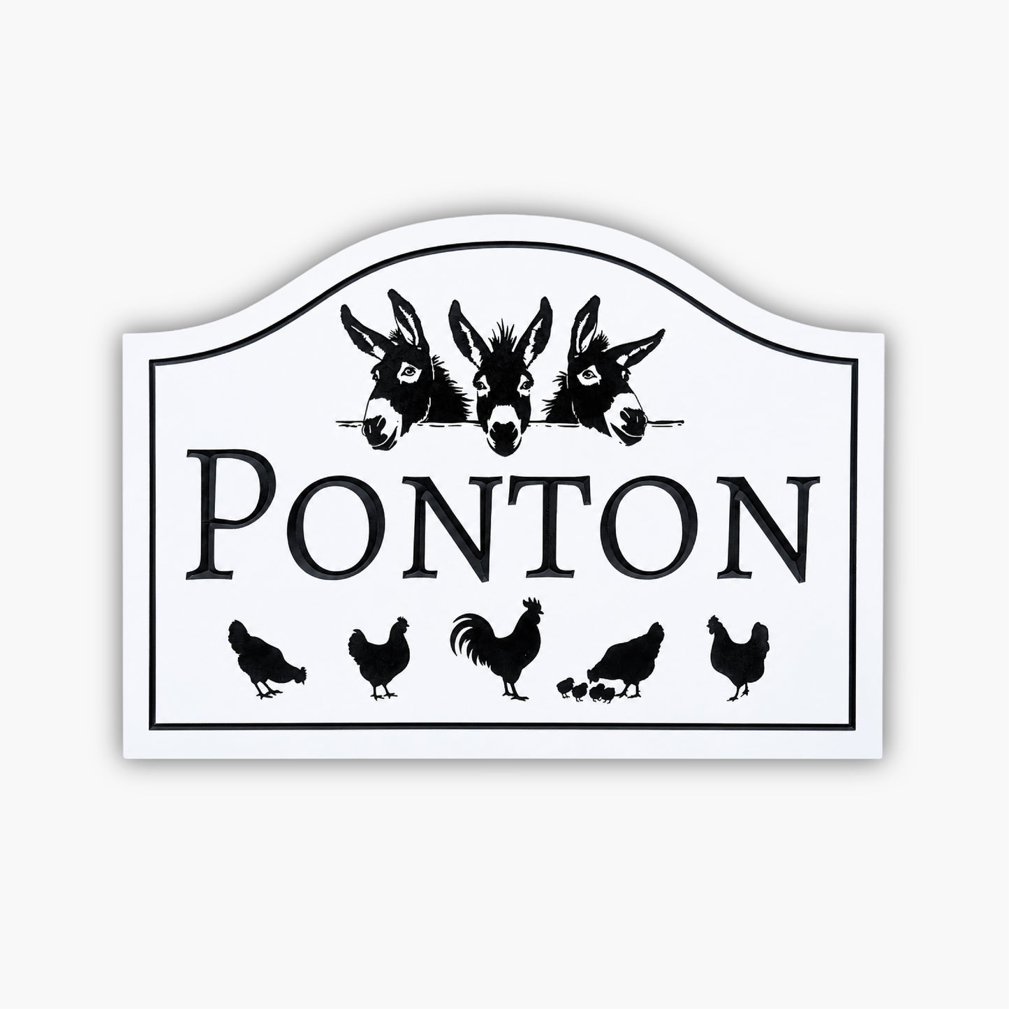 The Custom Ranch & Farm Sign features "PONTON" in white with three donkey heads above and silhouettes of chickens, chicks, and a rooster below. The background is brown siding.