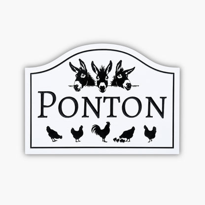The Custom Ranch & Farm Sign features "PONTON" in white with three donkey heads above and silhouettes of chickens, chicks, and a rooster below. The background is brown siding.