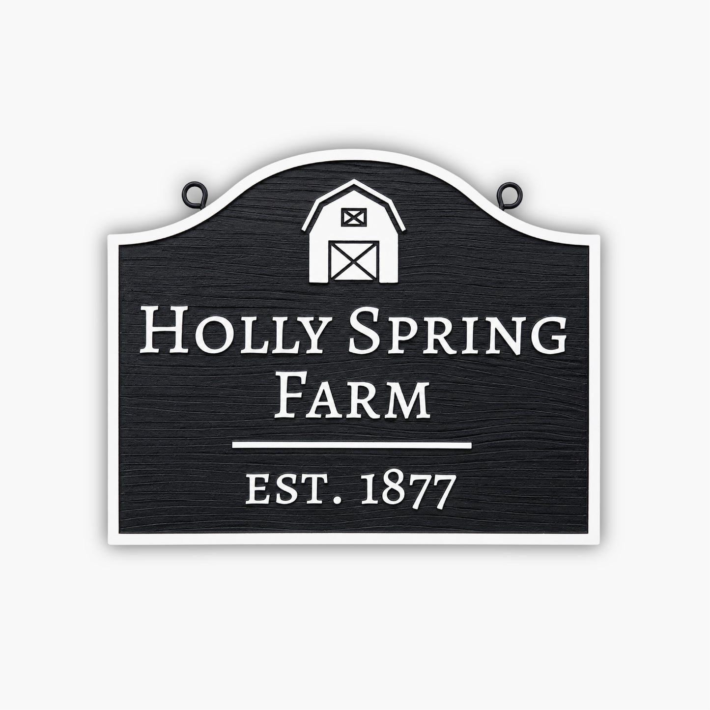 A Custom Carved Farm Sign & Ranch Sign – Engraved PVC Sign for Barns and Country Homes, in black and white with a barn icon, reads Holly Spring Farm Est. 1877.