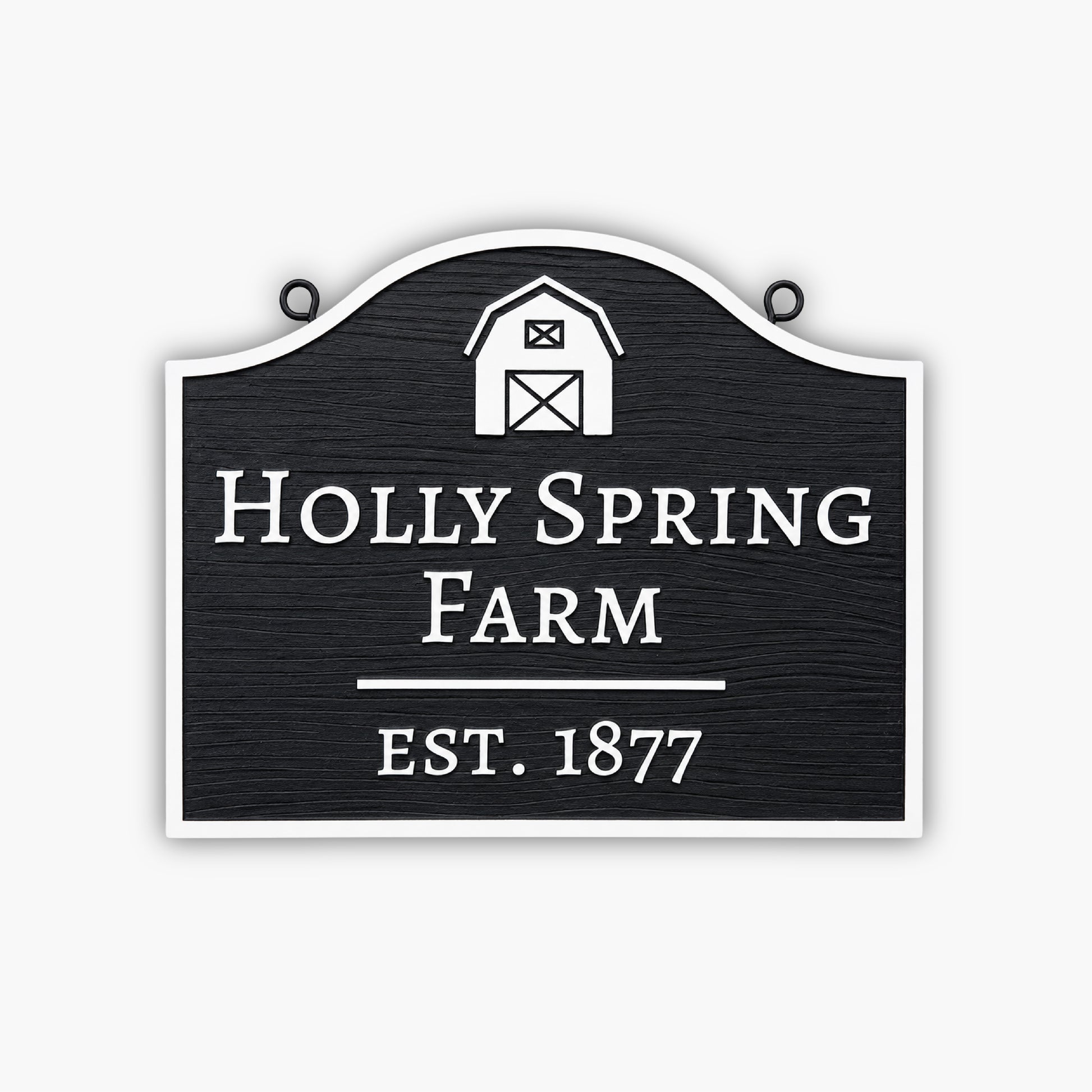 A Custom Carved Farm Sign & Ranch Sign – Engraved PVC Sign for Barns and Country Homes, in black and white with a barn icon, reads Holly Spring Farm Est. 1877.