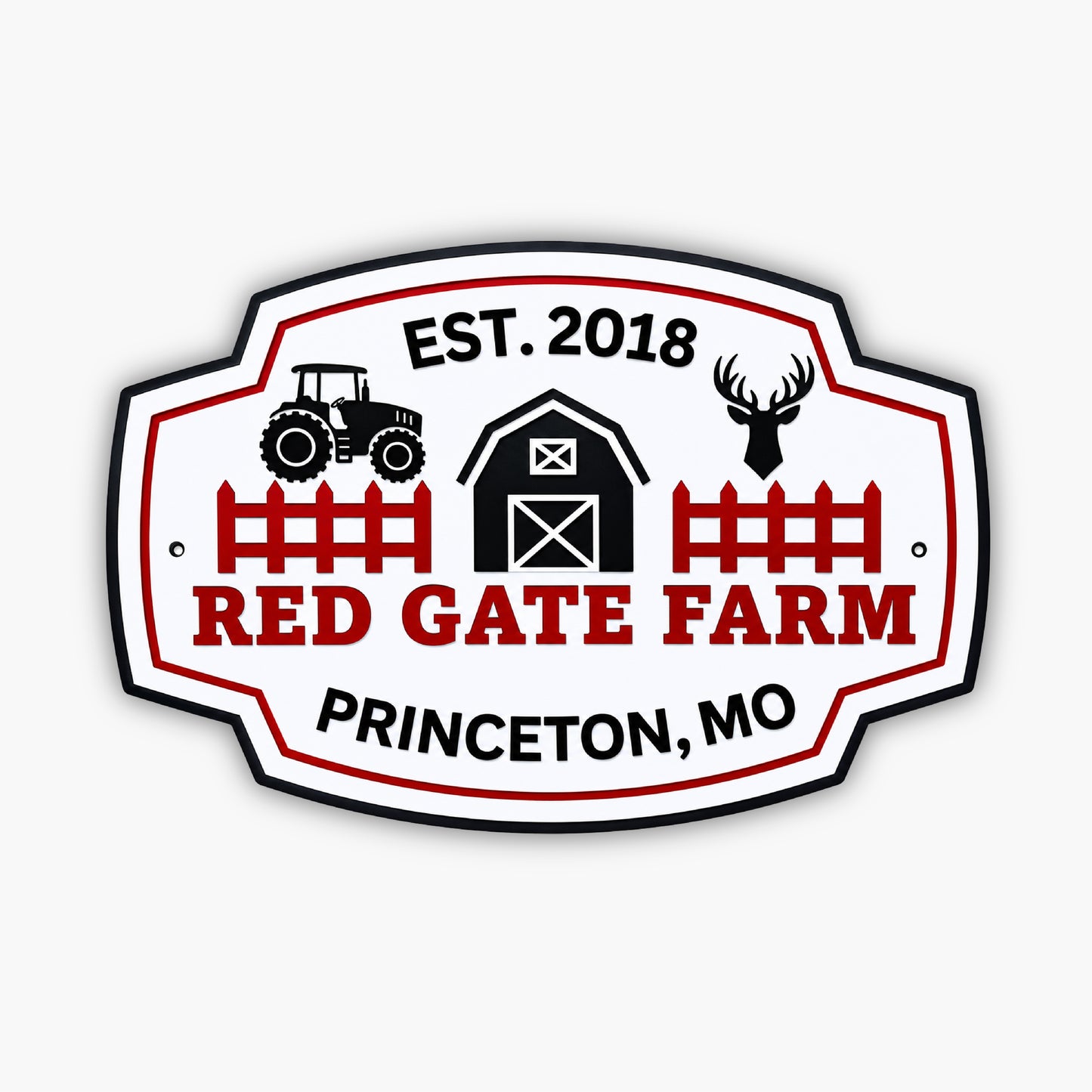 A Custom Carved Ranch & Farm Sign – Engraved PVC for barns & homes reads EST. 2018 RED GATE FARM PRINCETON, MO, with a tractor, barn, fences & deer head on white with red/black accents—ideal decor for your homestead.