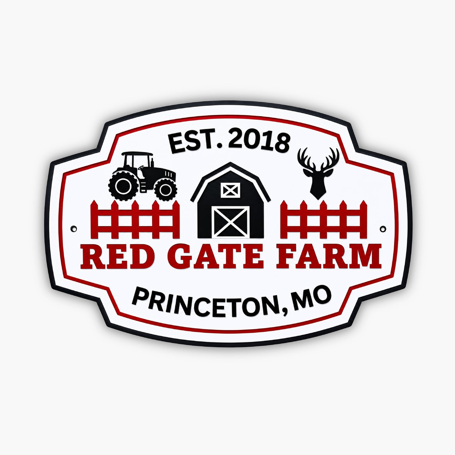 A Custom Carved Ranch & Farm Sign – Engraved PVC for barns & homes reads EST. 2018 RED GATE FARM PRINCETON, MO, with a tractor, barn, fences & deer head on white with red/black accents—ideal decor for your homestead.