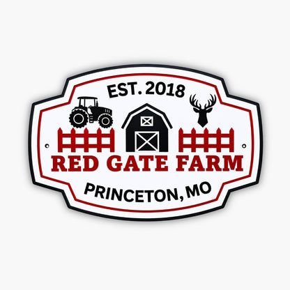 A Custom Carved Ranch & Farm Sign – Engraved PVC for barns & homes reads EST. 2018 RED GATE FARM PRINCETON, MO, with a tractor, barn, fences & deer head on white with red/black accents—ideal decor for your homestead.