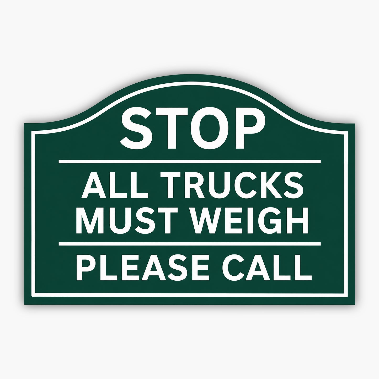 A green and white Custom Carved Ranch & Farm Sign – Engraved PVC for barns & homes reads: STOP. ALL TRUCKS MUST WEIGH. PLEASE CALL. Its mounted in front of tan siding.