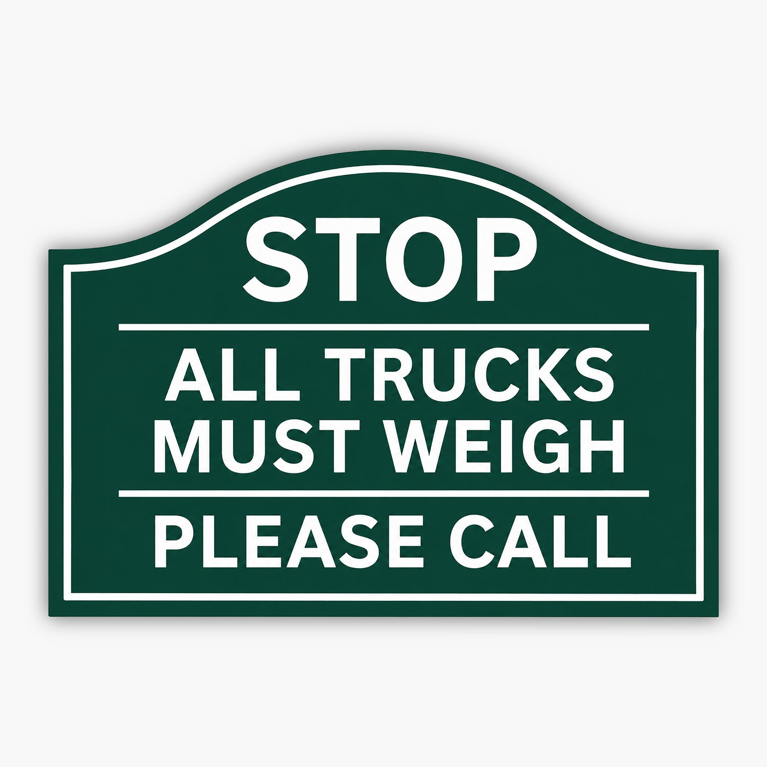 A green and white Custom Carved Ranch & Farm Sign – Engraved PVC for barns & homes reads: STOP. ALL TRUCKS MUST WEIGH. PLEASE CALL. Its mounted in front of tan siding.