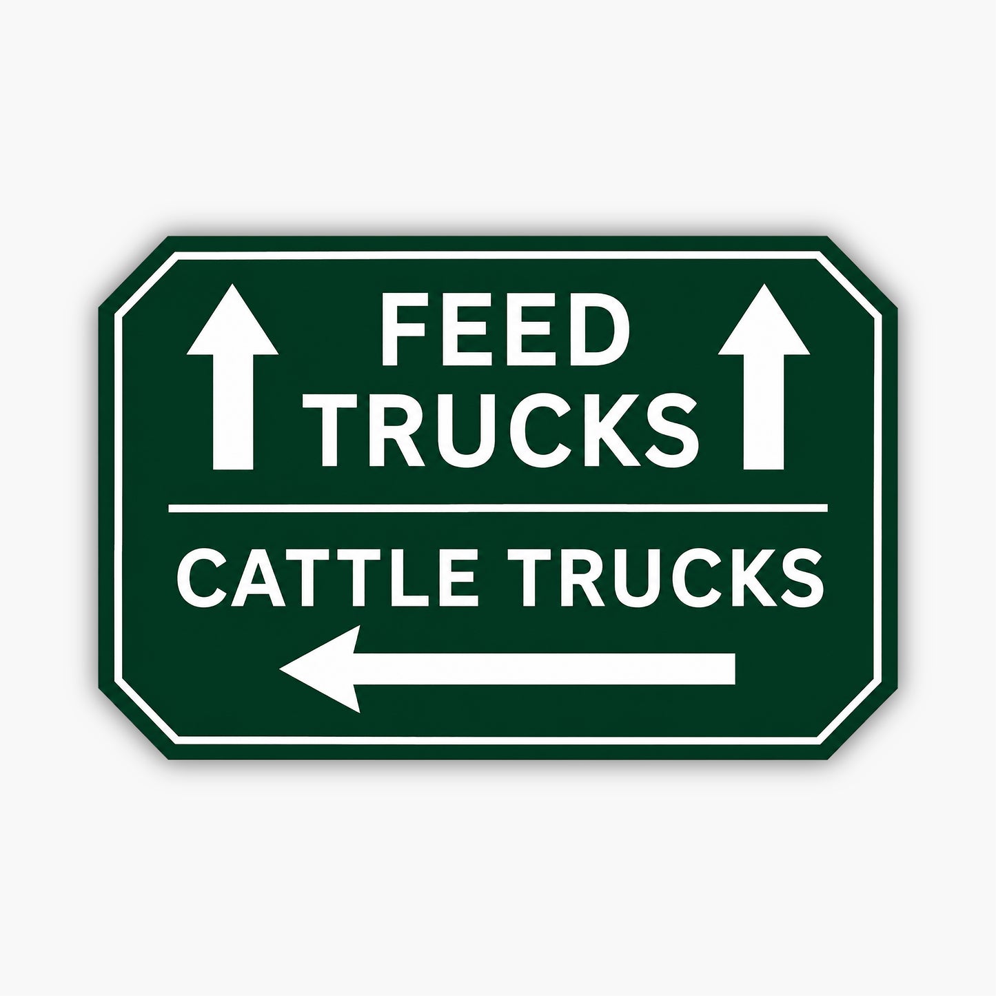 A Custom Carved Ranch & Farm Sign – Engraved PVC for barns & homes, displayed on beige siding; green sign with white FEED TRUCKS (up arrows) and CATTLE TRUCKS (left arrow) text.