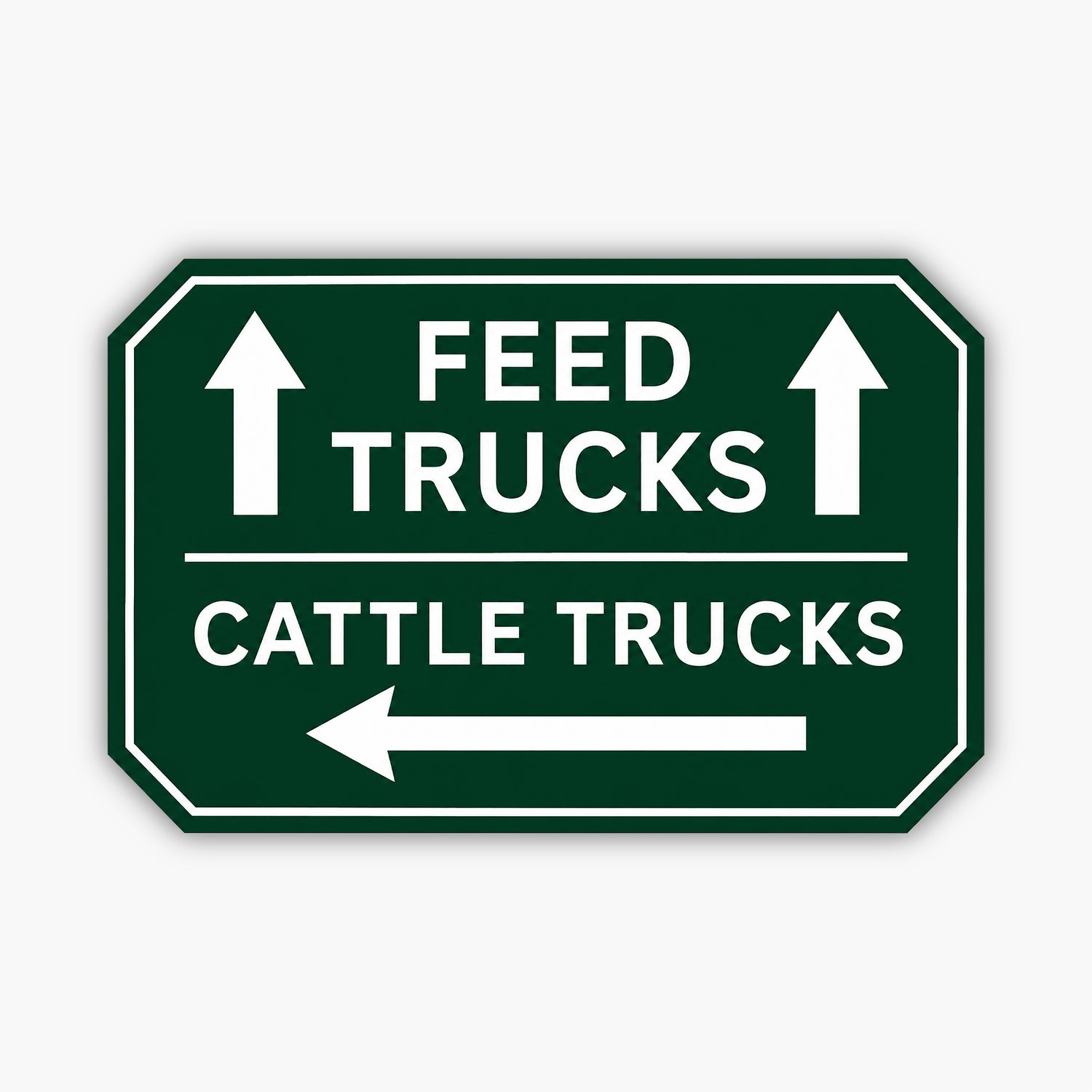 A Custom Carved Ranch & Farm Sign – Engraved PVC for barns & homes, displayed on beige siding; green sign with white FEED TRUCKS (up arrows) and CATTLE TRUCKS (left arrow) text.