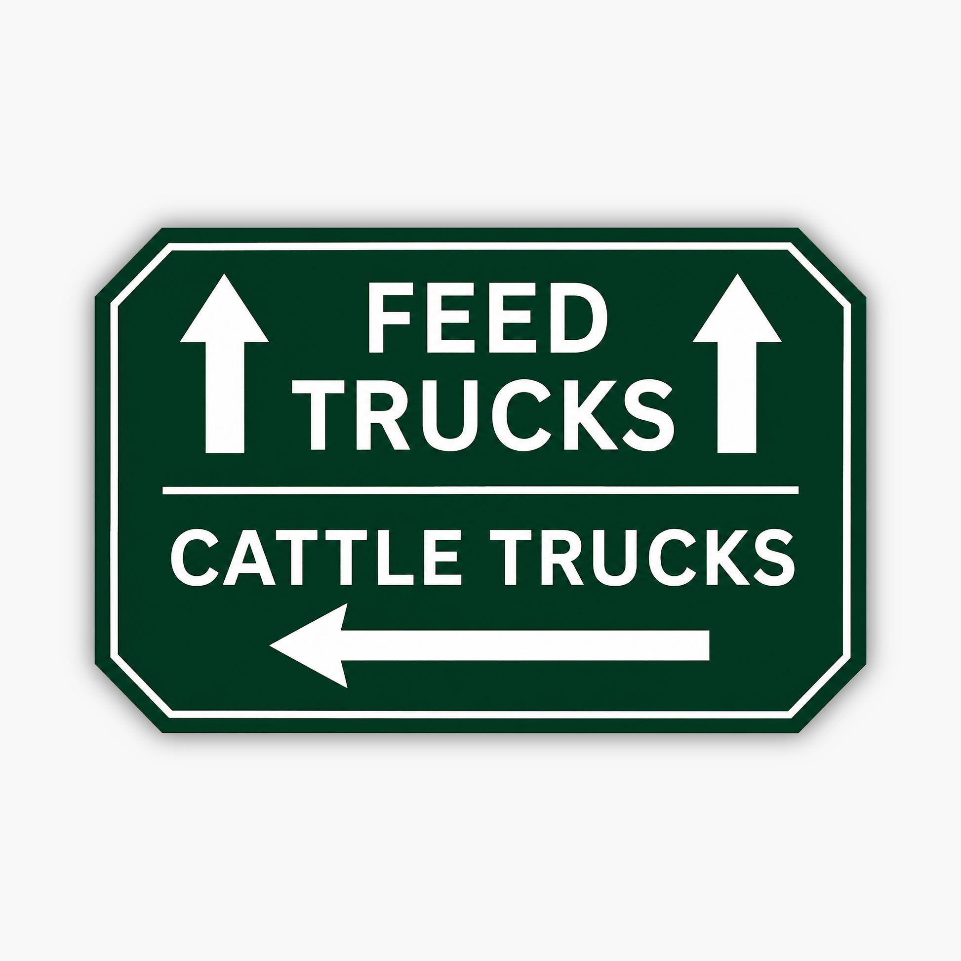 A Custom Carved Ranch & Farm Sign – Engraved PVC for barns & homes, displayed on beige siding; green sign with white FEED TRUCKS (up arrows) and CATTLE TRUCKS (left arrow) text.