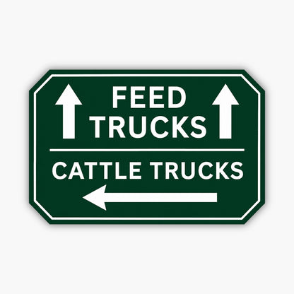 A Custom Carved Ranch & Farm Sign – Engraved PVC for barns & homes, displayed on beige siding; green sign with white FEED TRUCKS (up arrows) and CATTLE TRUCKS (left arrow) text.