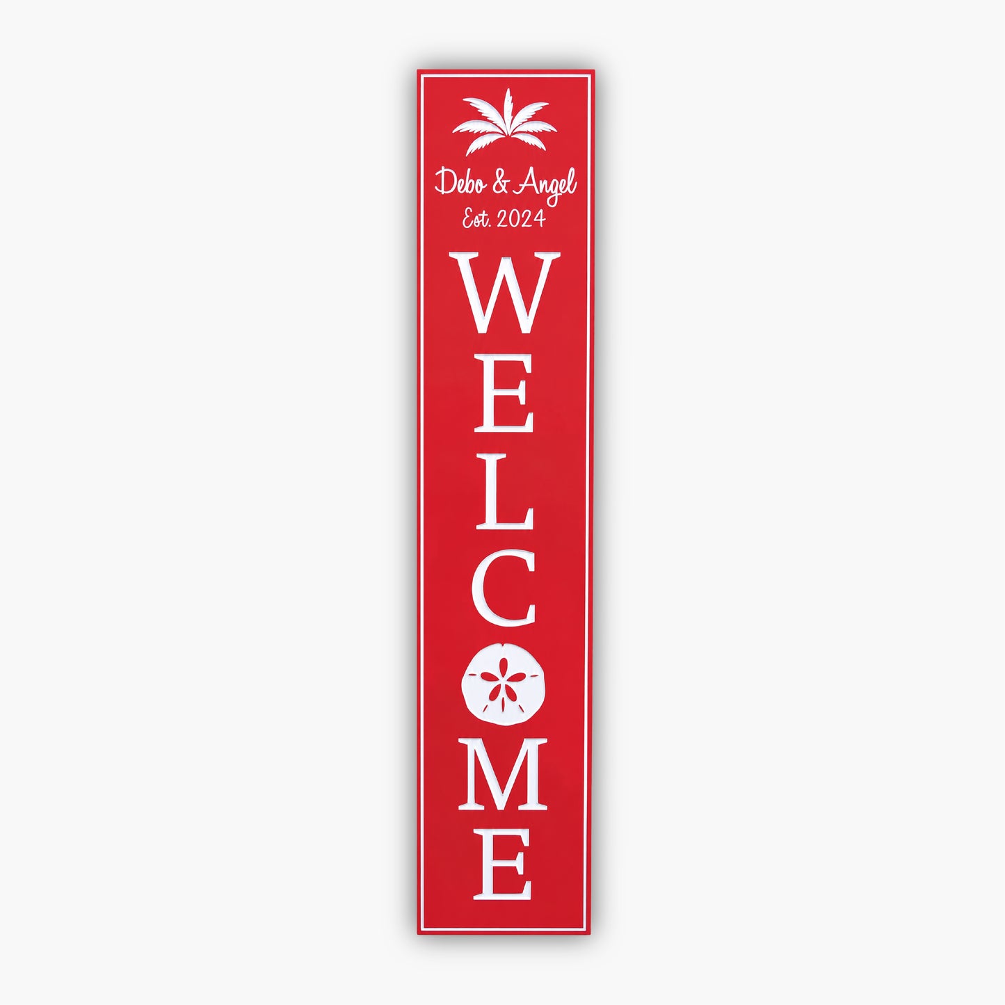 welcome sign with sand dollar red