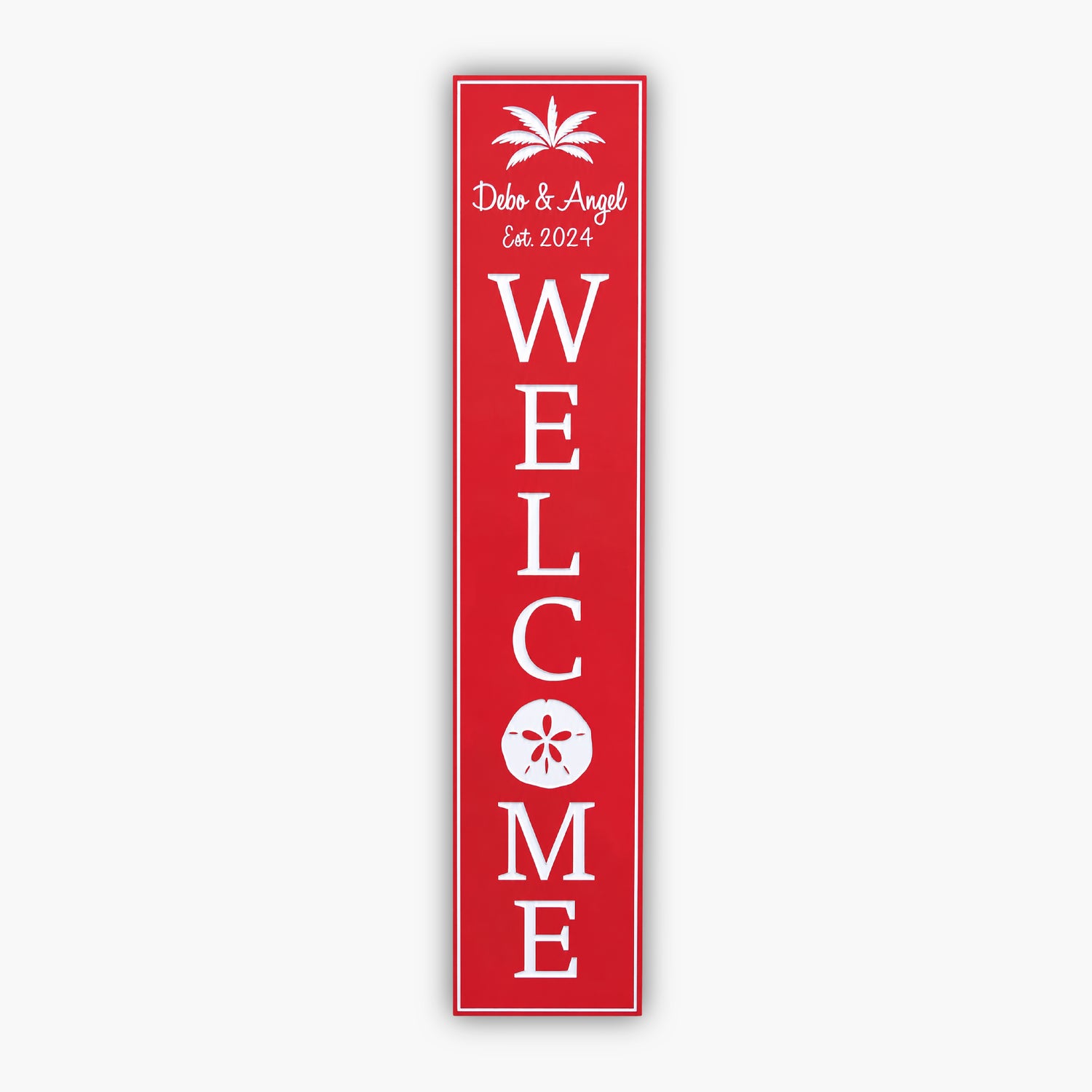 welcome sign with sand dollar red