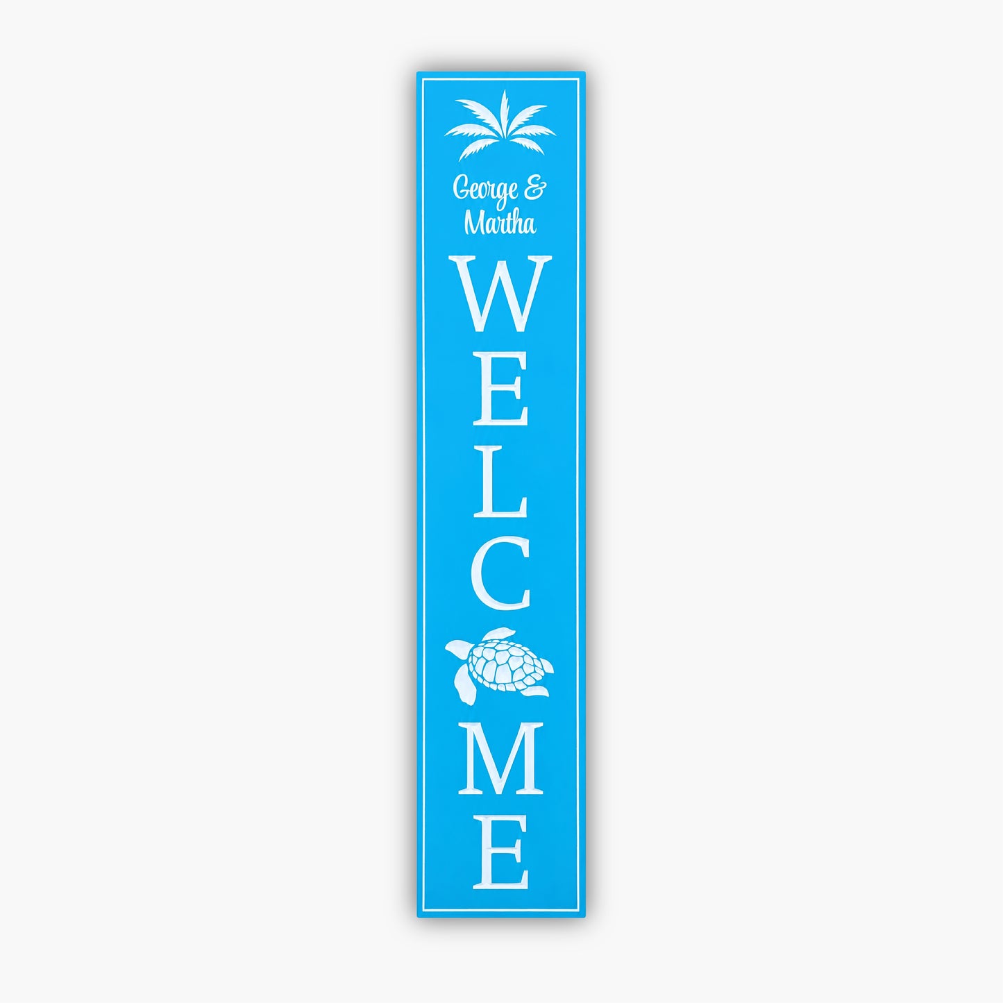 A personalized blue vertical welcome sign, George & Martha WELCOME, features palm trees and a turtle on durable PVC with horizontal beige siding, perfect for a coastal decor.