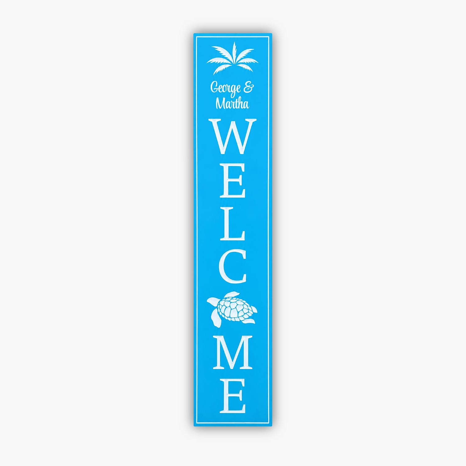 A personalized blue vertical welcome sign, George & Martha WELCOME, features palm trees and a turtle on durable PVC with horizontal beige siding, perfect for a coastal decor.