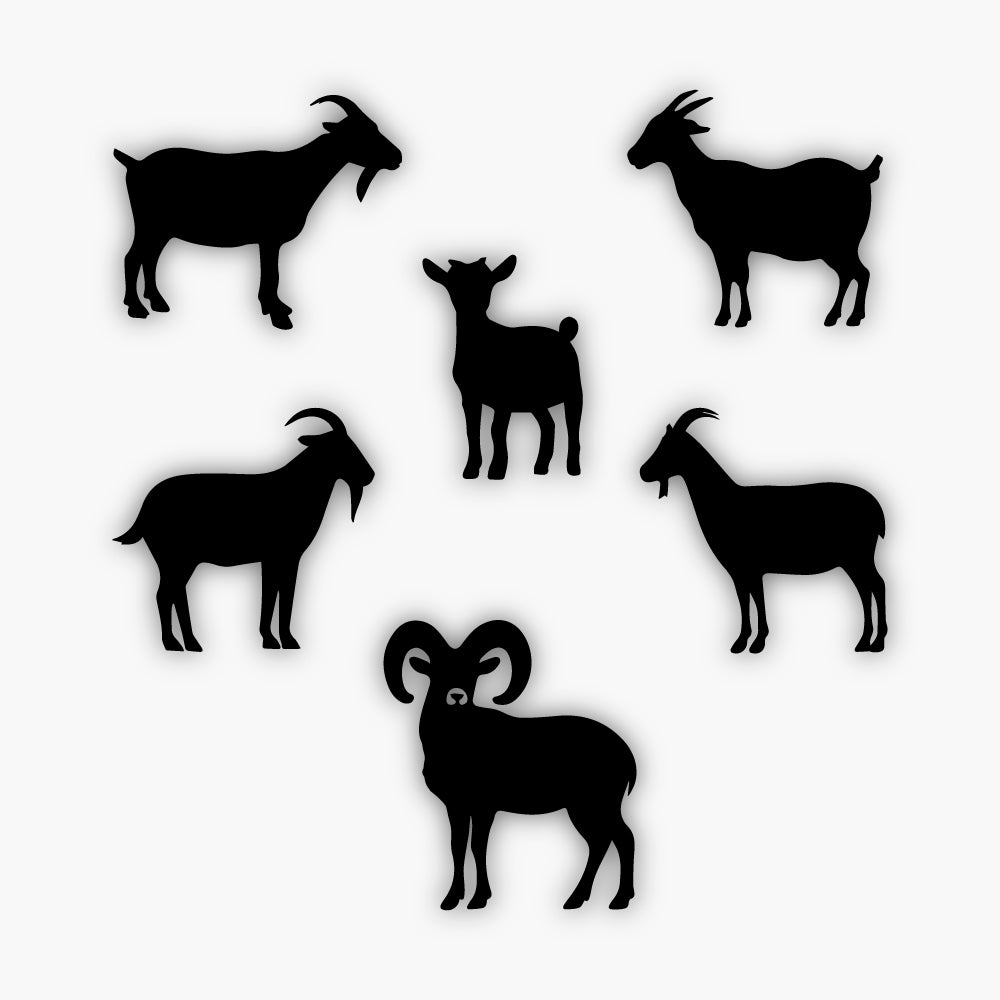 Silhouettes of five goats, including one with large curved horns, form a circle on a white background. Each goat’s distinct stance and horn shape adds unique design elements to this sample design.