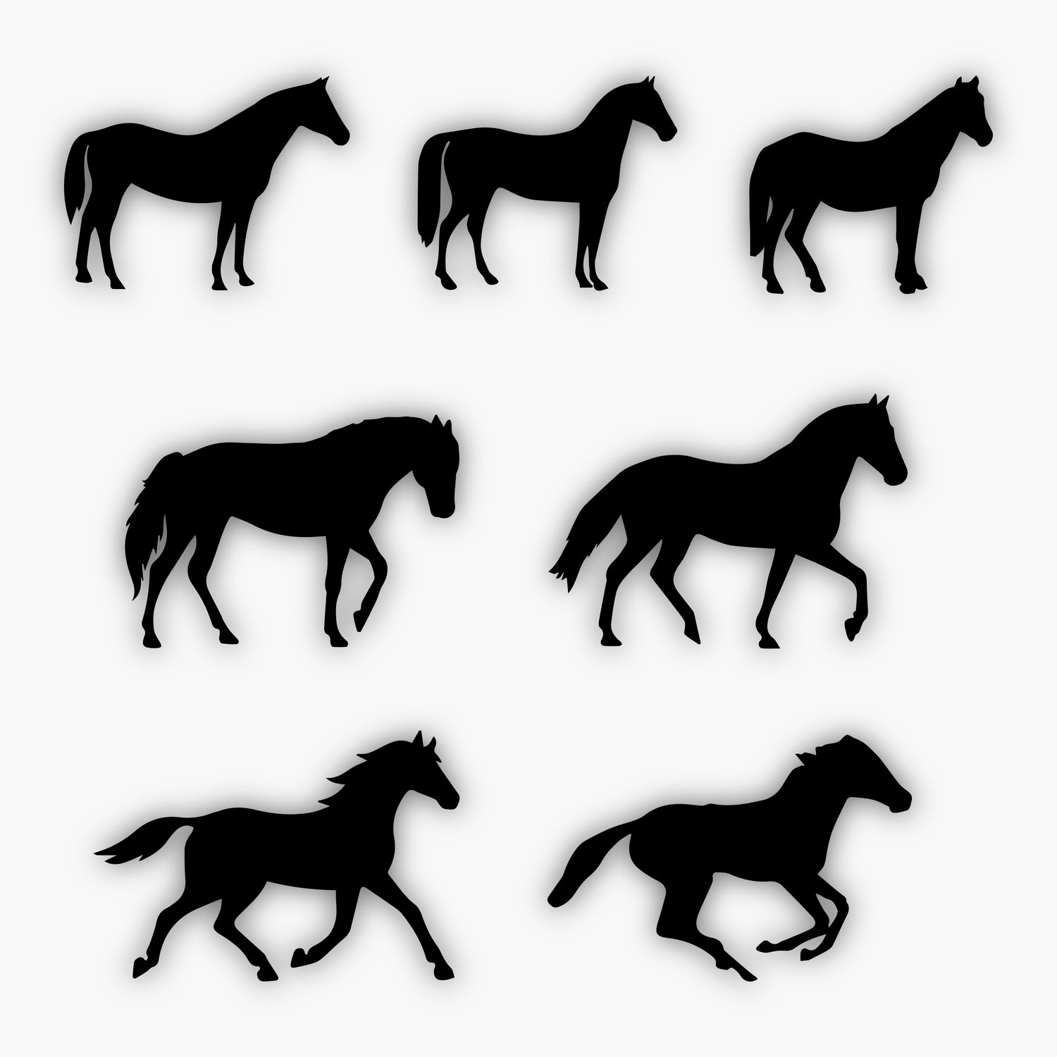 Silhouettes of seven horses in various poses and gaits, including standing, walking, trotting, and galloping, are displayed in black on a white background as sample design elements.