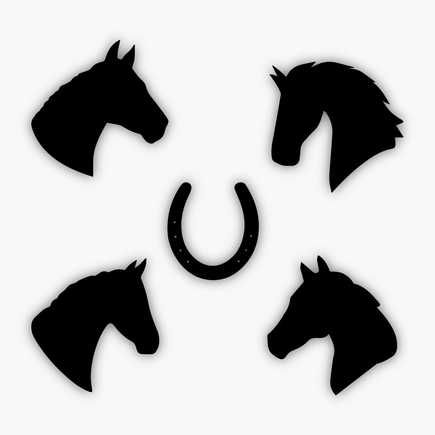 Four black horse head silhouettes arranged in a circle around a central horseshoe, all on a white background. Ideal for showcasing Sample Design Elements in equestrian-themed graphics or logos.
