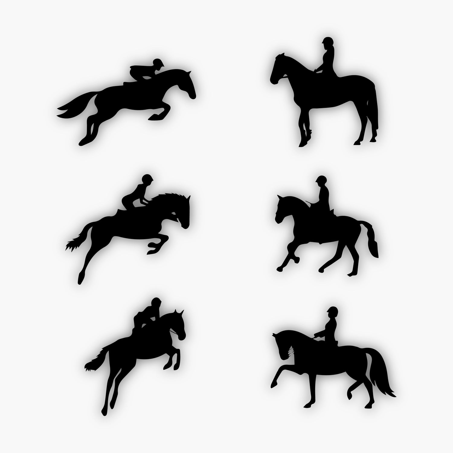 Six black silhouettes of equestrians riding horses; three show riders jumping obstacles, and three sit upright on walking or trotting horses. These Sample Design Elements are all side profiles set against a white background.