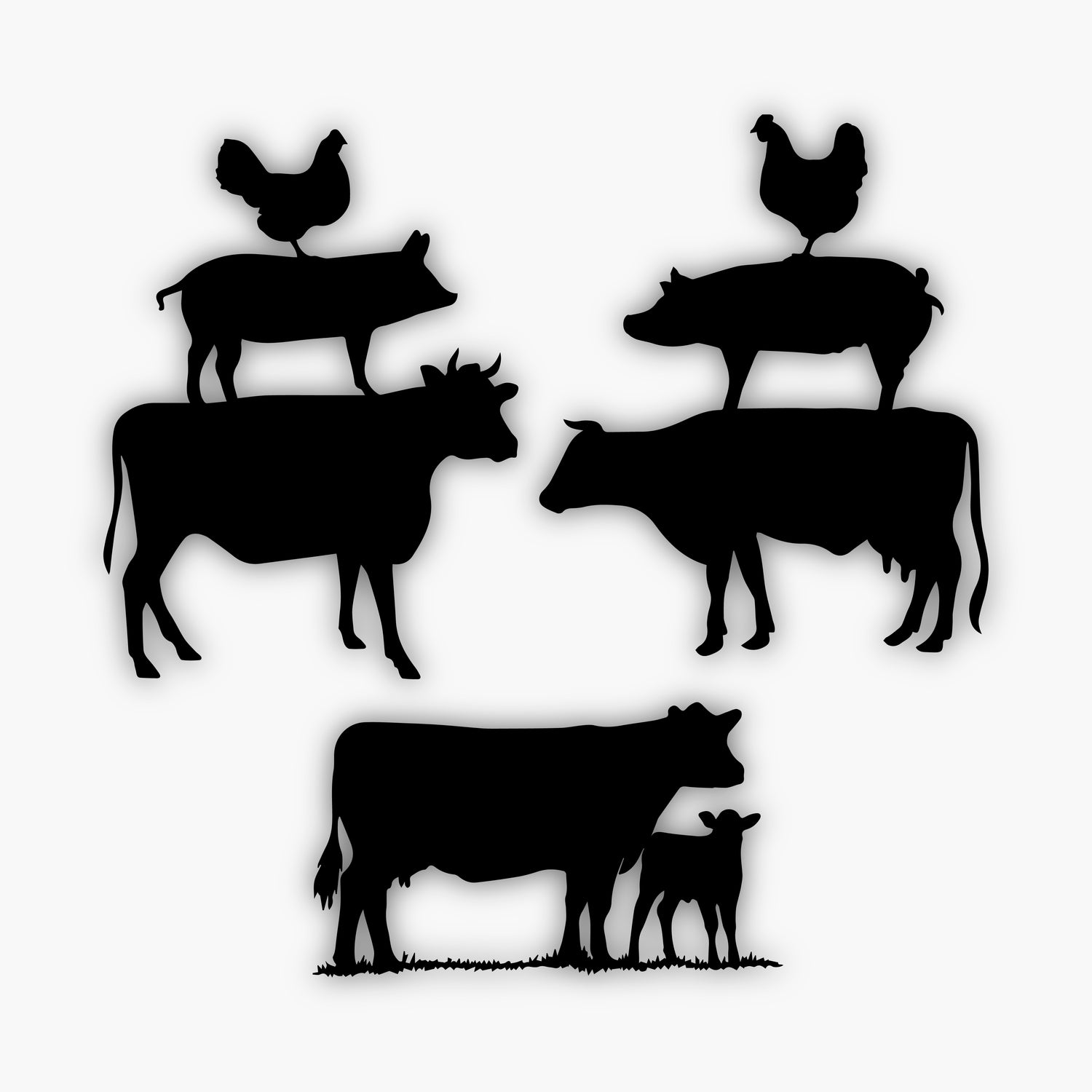 Silhouettes of farm animals stacked on each other—chickens on pigs, pigs on cows—stand beside a cow and her calf. All are in black on white, offering sample design elements perfect for creative projects.