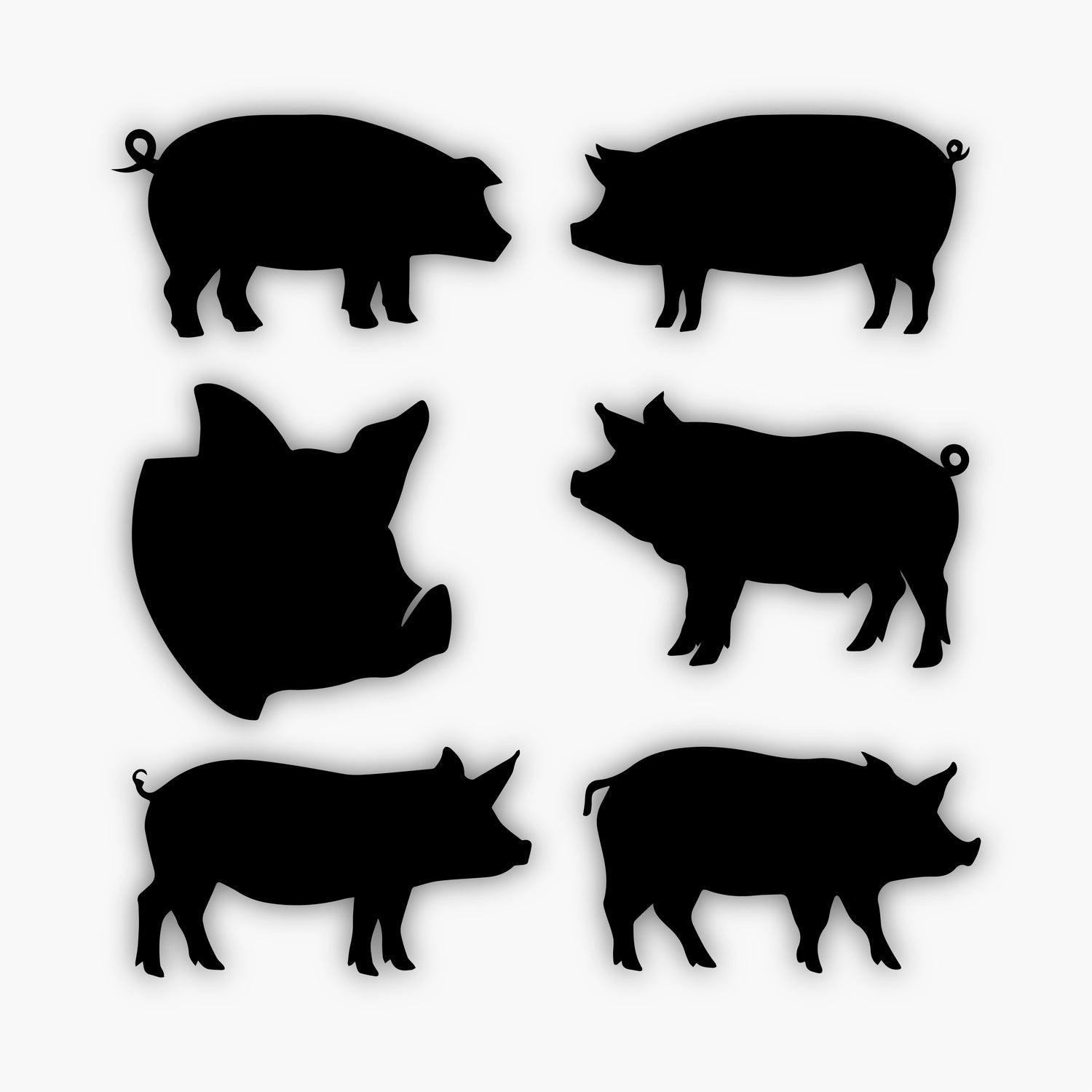 Six black pig silhouettes in different poses and angles on a white background, including side, front, and close-up views—perfect as sample design elements for creative projects.