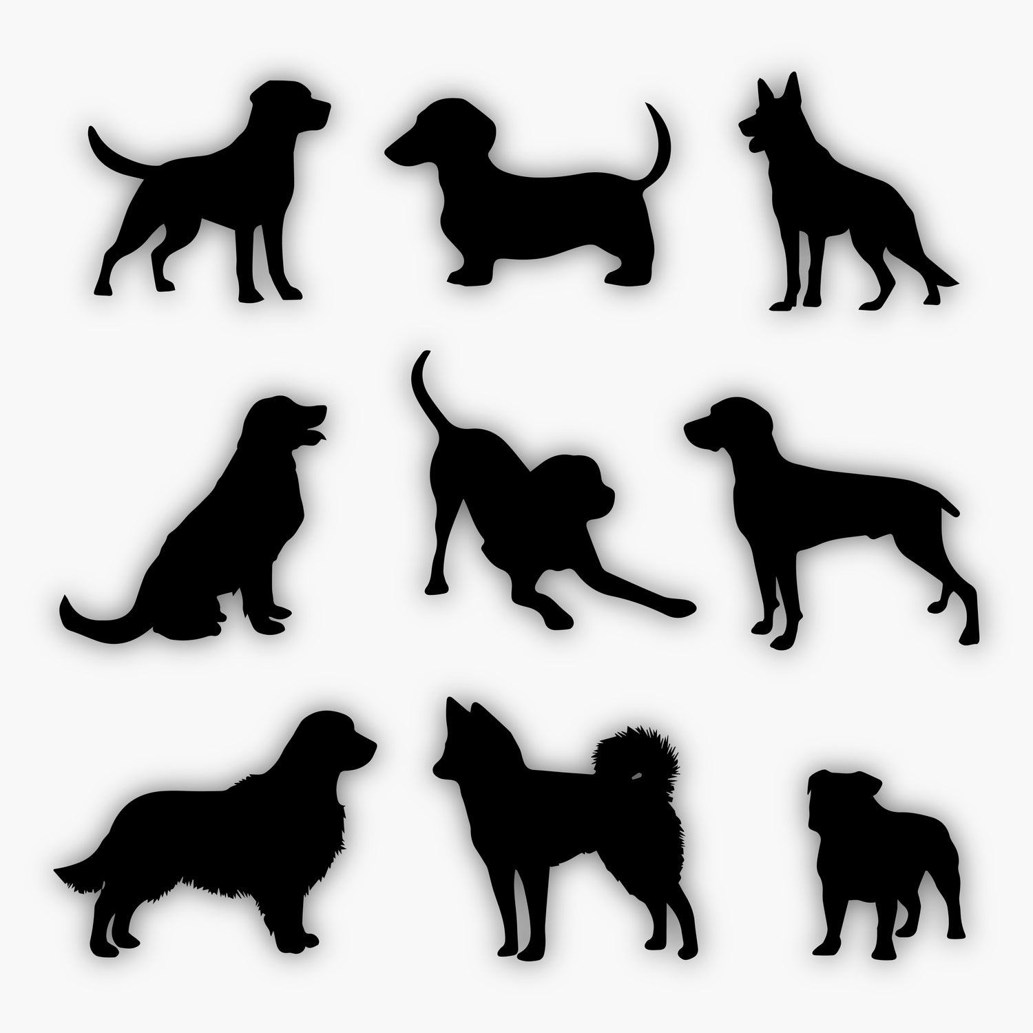 A collection of nine black dog silhouettes, each showcasing a different breed and posture, arranged in three rows against a white background—perfect as stylish design elements for your next sample design project.