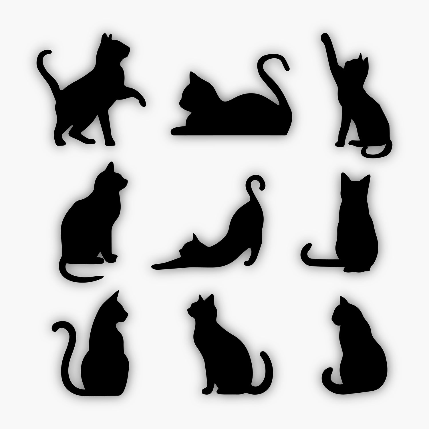 Nine black cat silhouettes in various poses—including sitting, stretching, and reaching upward—are arranged in a three-by-three grid on a white background, making them perfect sample design elements for creative projects.