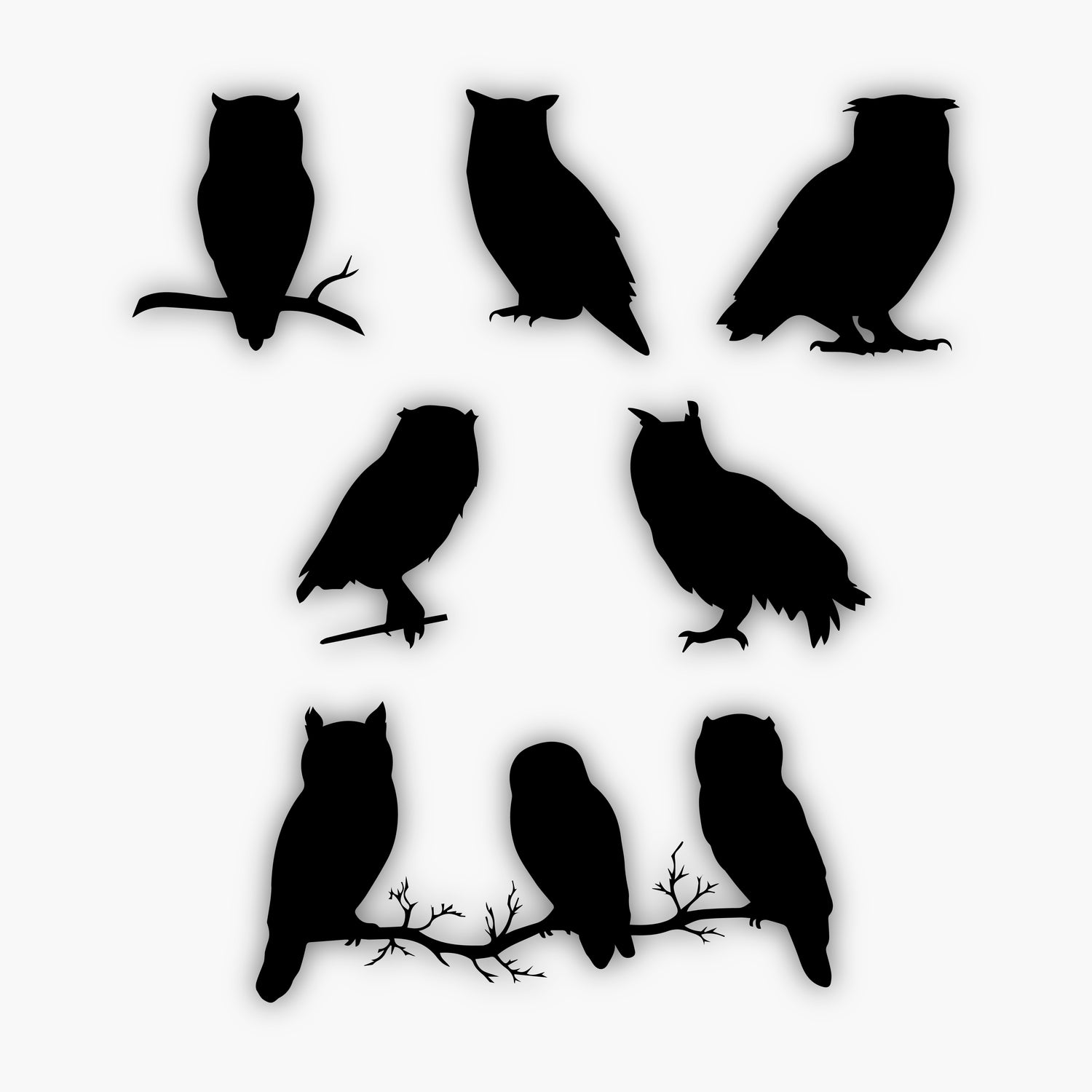 Seven different owl silhouettes perched on branches, each in a distinct pose, serve as unique sample design elements. The owls vary in size and feather shapes, with some having visible ear tufts and others rounded heads against a white background.