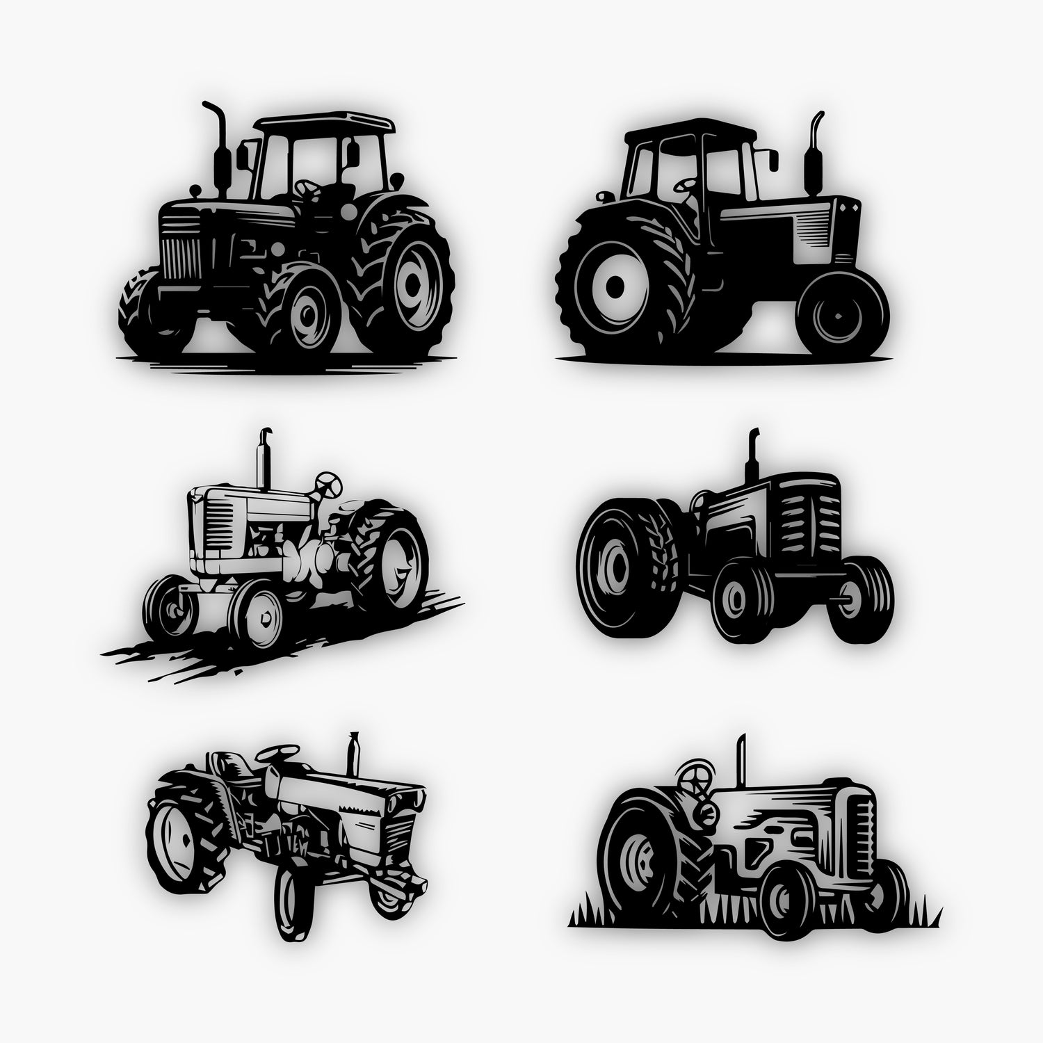 Six black-and-white illustrated tractors, each with unique Sample Design Elements and wheel styles, are displayed in two rows on a white background. Some tractors face left, while others face right or forward.