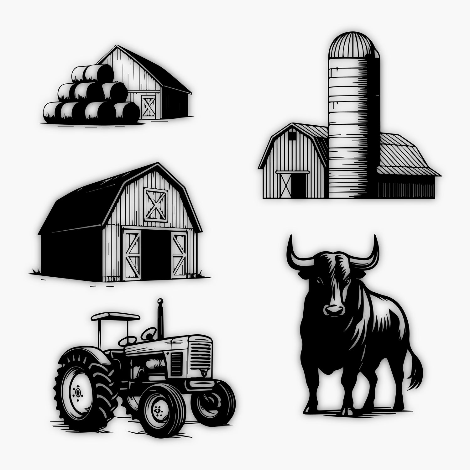 Black and white illustrations feature sample design elements: a barn with hay bales, a barn with a silo, a standalone barn, a tractor, and a bull—each depicted separately on a white background.
