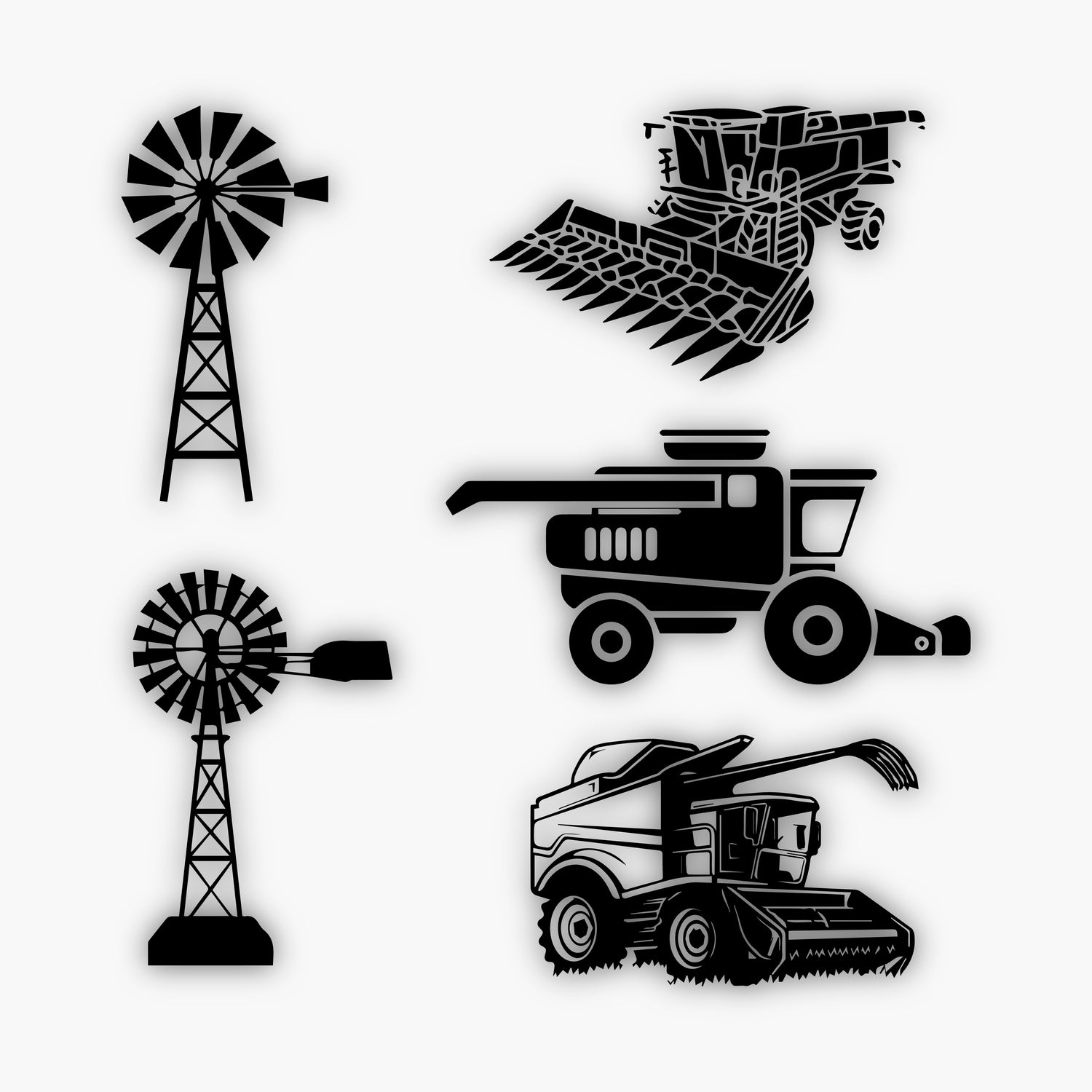 Four black-and-white illustrations feature Sample Design Elements: two windmills on the left (one with blades forward, one to the side) and two combine harvesters on the right—one simple, one with detailed grain discharge.