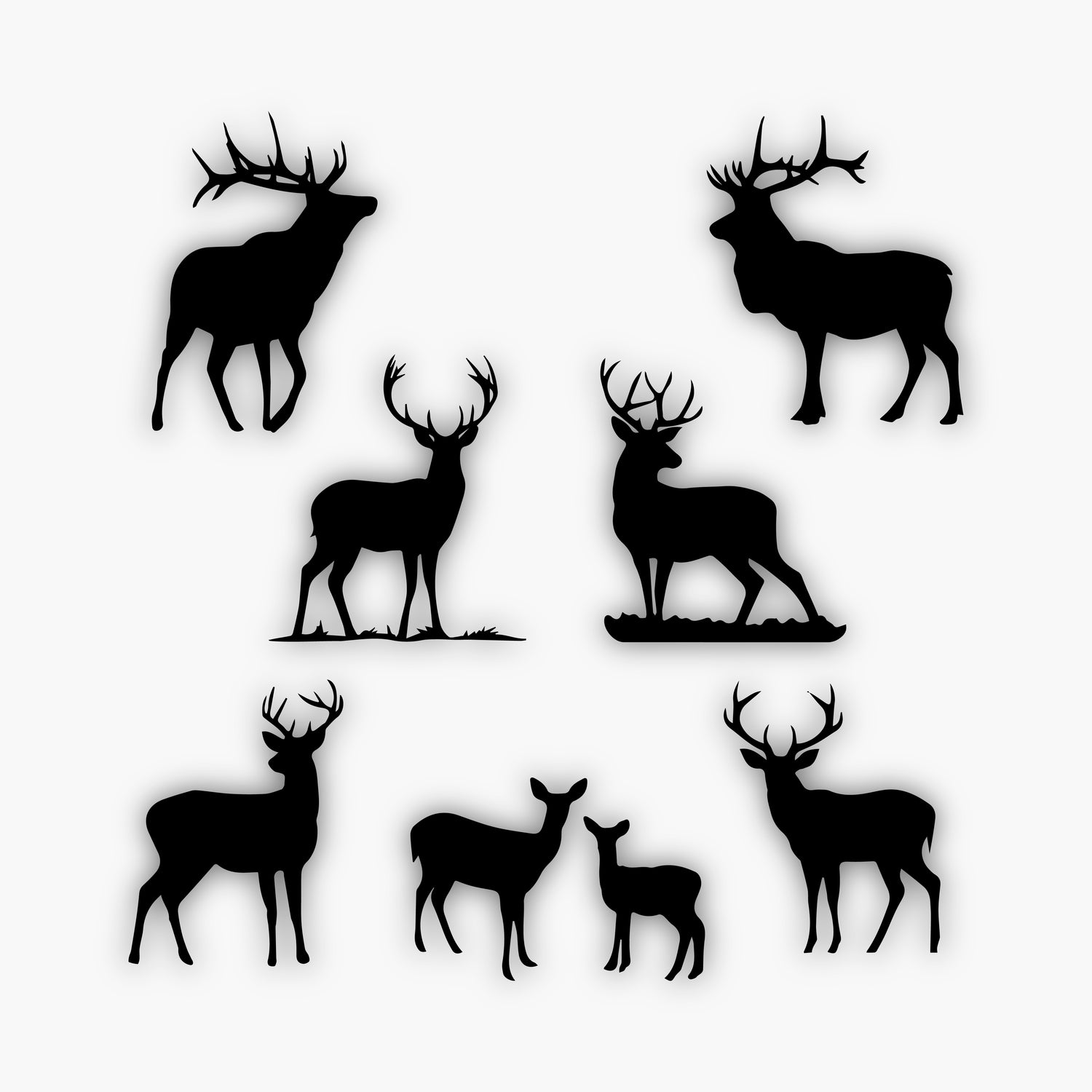 Silhouettes of various deer and elk in different poses, including standing, grazing, and two fawns with their mother, arranged on a white background—perfect sample design elements for your creative projects.