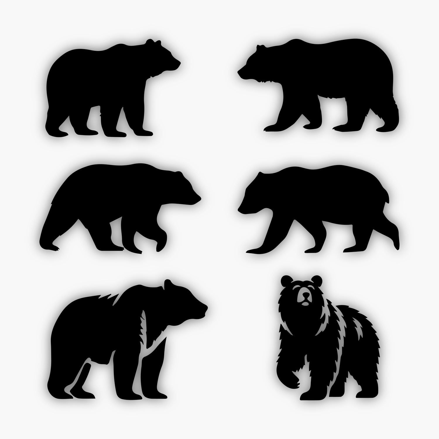 Six black bear silhouettes are shown in different poses, including walking, standing, and facing forward. These sample design elements are set on a white background, with slight variations in shape and posture among each silhouette.
