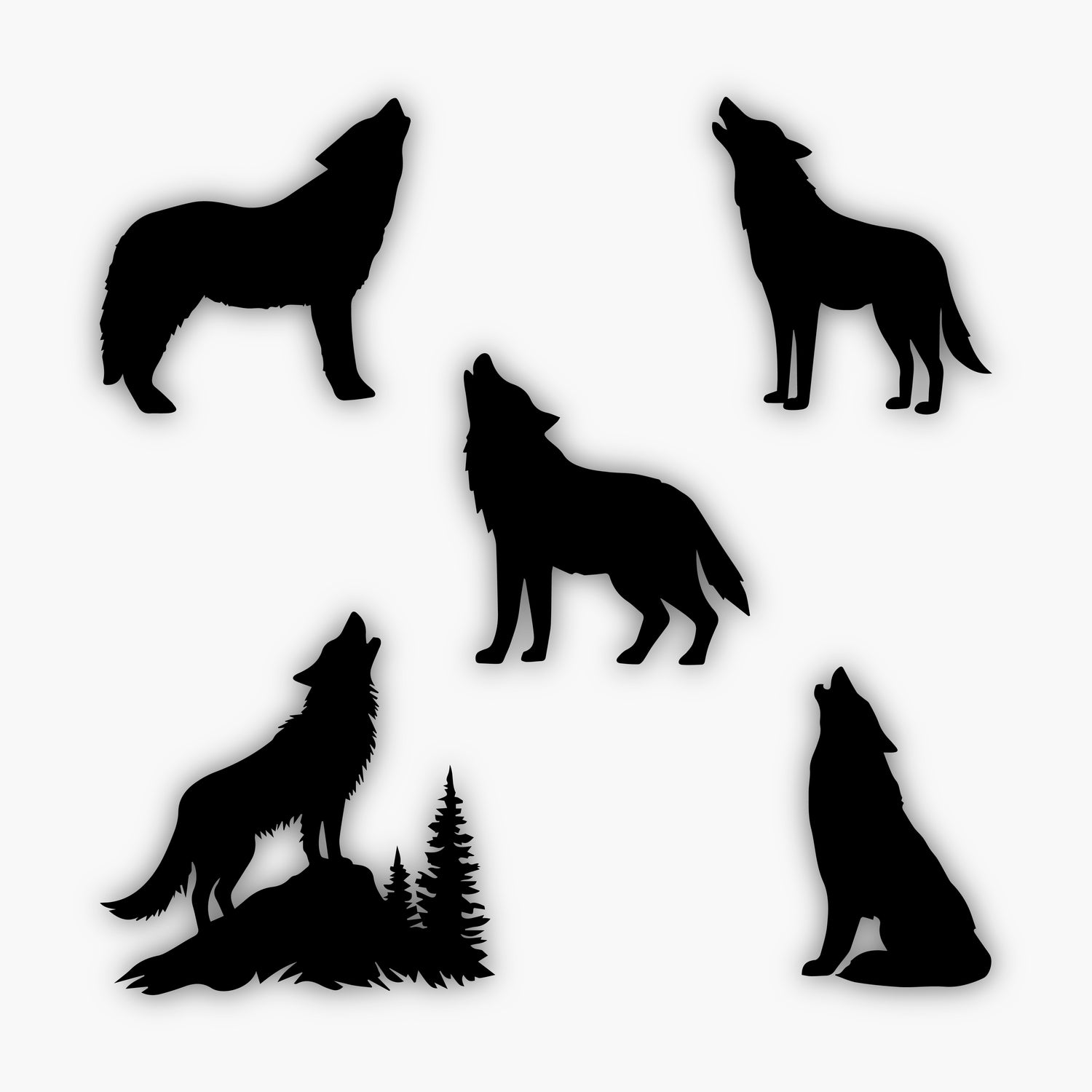 Five black wolf silhouettes howling in different poses, including one standing on a hill with pine trees and another sitting, all against a white background—perfect design elements for any sample design.