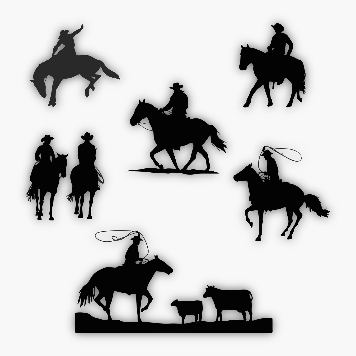 Silhouettes of cowboys riding horses, some roping and herding cattle, in various dynamic poses—these sample design elements illustrate typical Western cowboy activities.