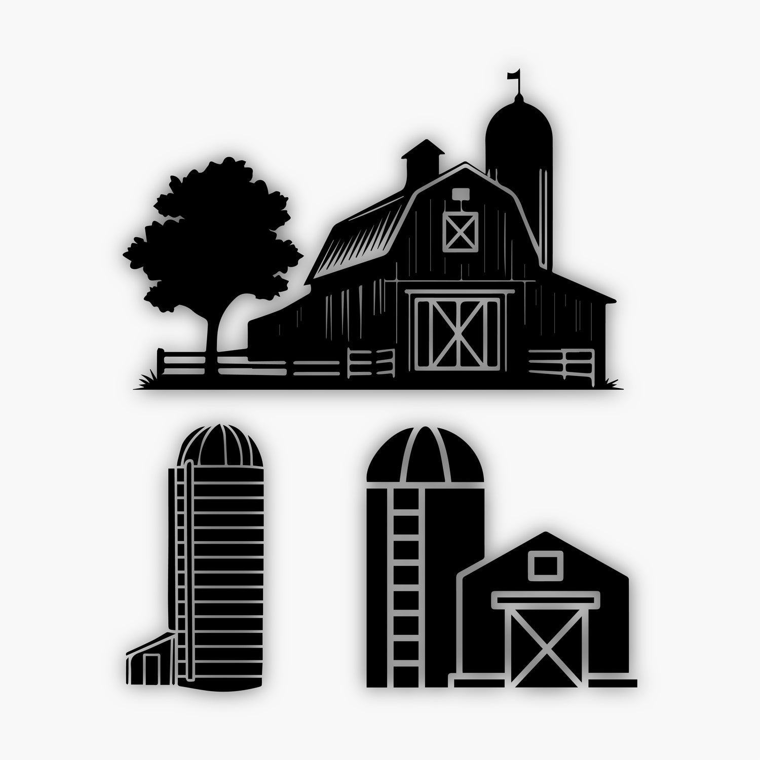 Black and white illustrations of barns and silos feature sample design elements; the top image shows a barn with a tree and fence, while the bottom images display two different barns with large silos beside them.
