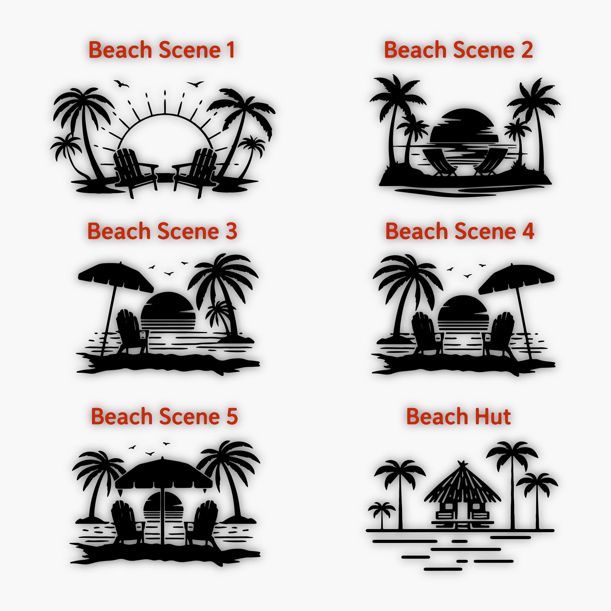 The Personalized Oval Custom Beach House Signs Coastal Decor series features black-and-white illustrations depicting beach scenes with palm trees, chairs, umbrellas, huts, and sunsets over water. Includes six unique designs labeled Beach Scene 1 to Beach Scene 5 and one named Beach Hut.