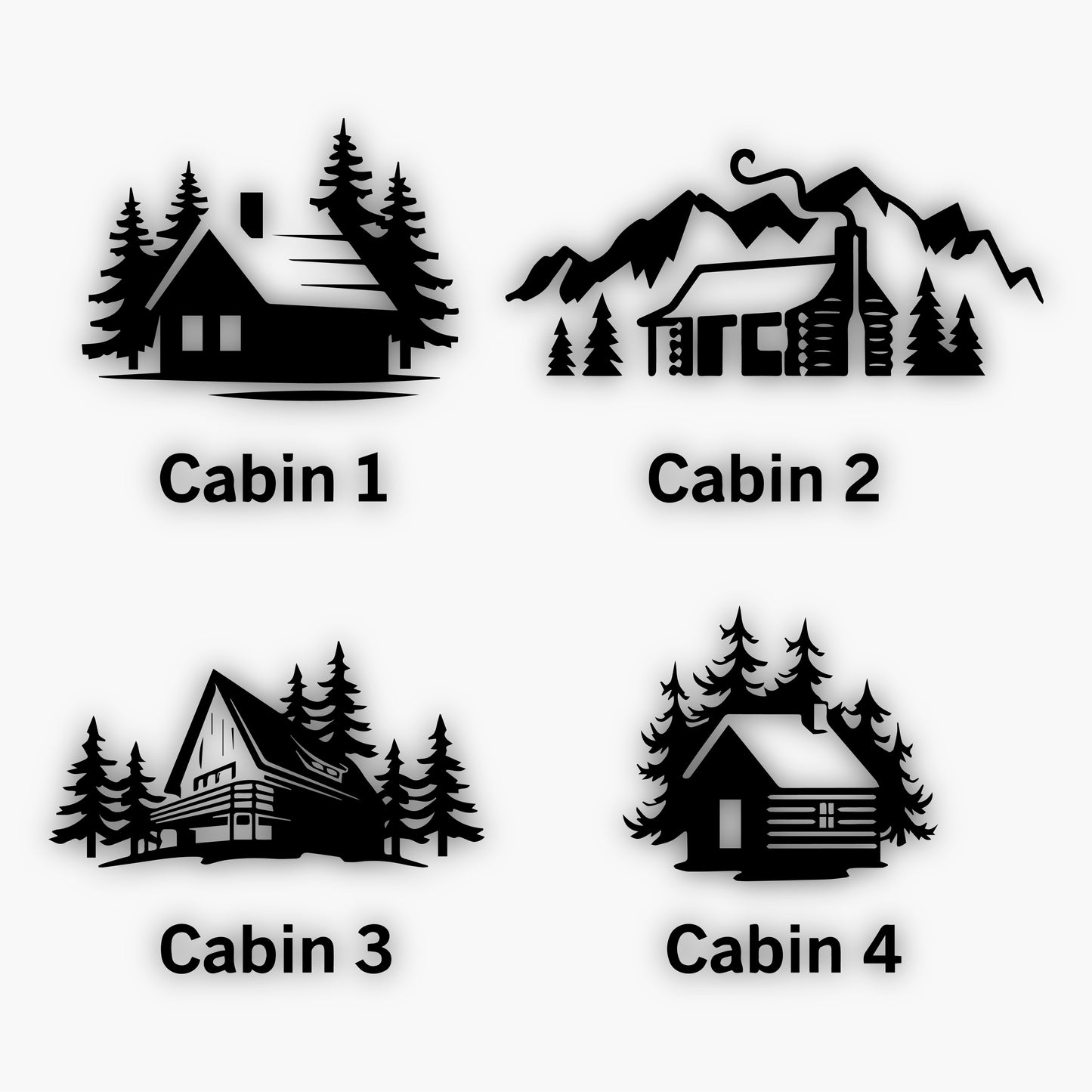 Four illustrated cabin designs on a black background, labeled Cabin 1 through Cabin 4. Cabin 1 has a simple house, Cabin 2 sits among mountains, Cabin 3 features angled roofs, and PVC signs from the Classic Round PVC Sign for Your Home, Cabin Lodge or Retreat surround the tree-lined haven of Cabin 4.