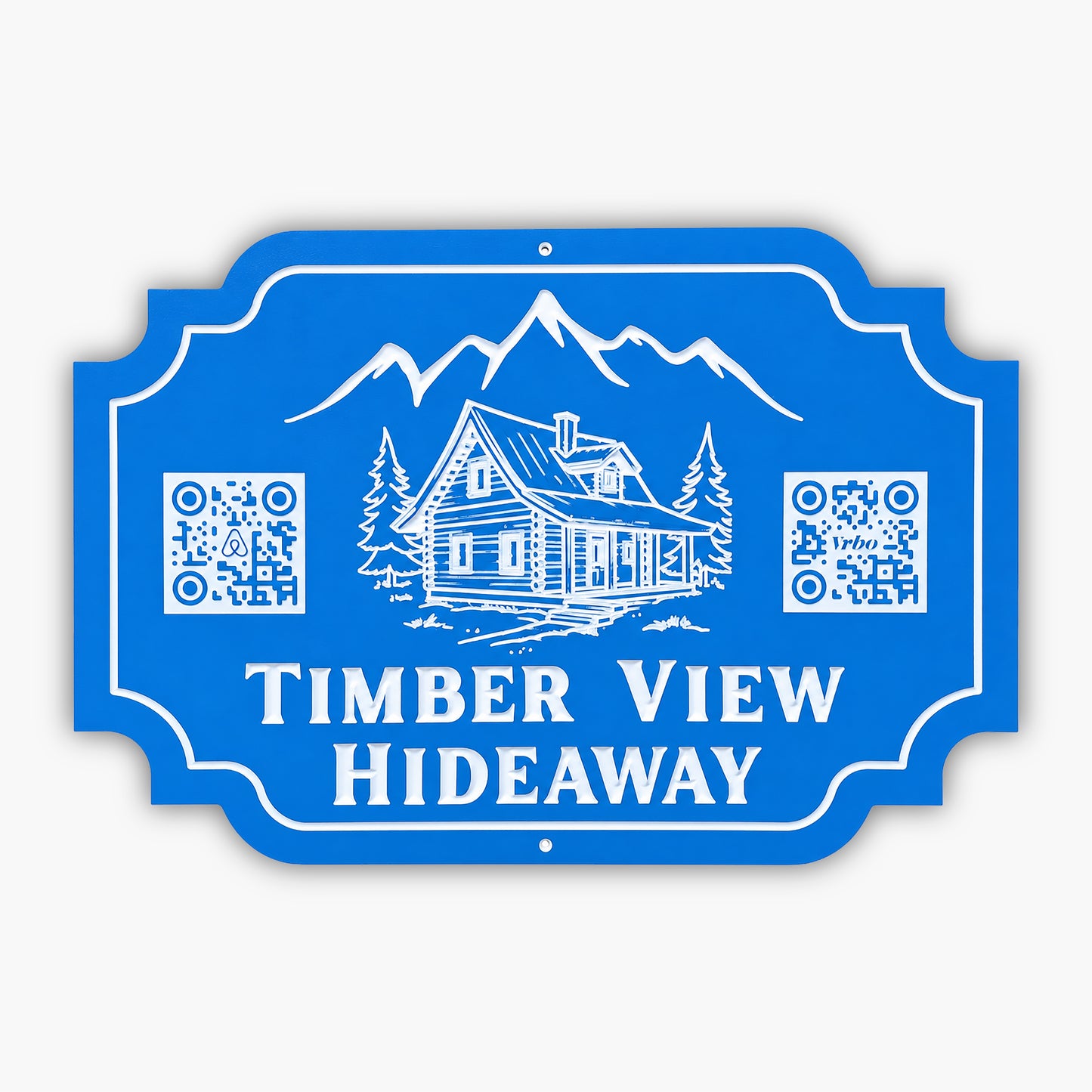 A blue Custom QR Code Sign with white line art of a cabin, pine trees, and mountains reads Timber View Hideaway, featuring two QR codes—ideal as VRBO Decor or an Airbnb Sign. Product: Custom QR Code Sign Personalized Sign VRBO Decor Airbnb Sign STR Rental Sign.