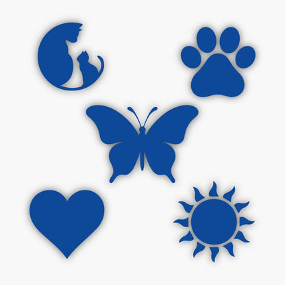 The Personalized Vertical Welcome Sign features white silhouettes on a blue background, including a cat, kitten, butterfly, paw print, heart, and sun. Its ideal for adding charm to your vacation rental or cabin entryway.