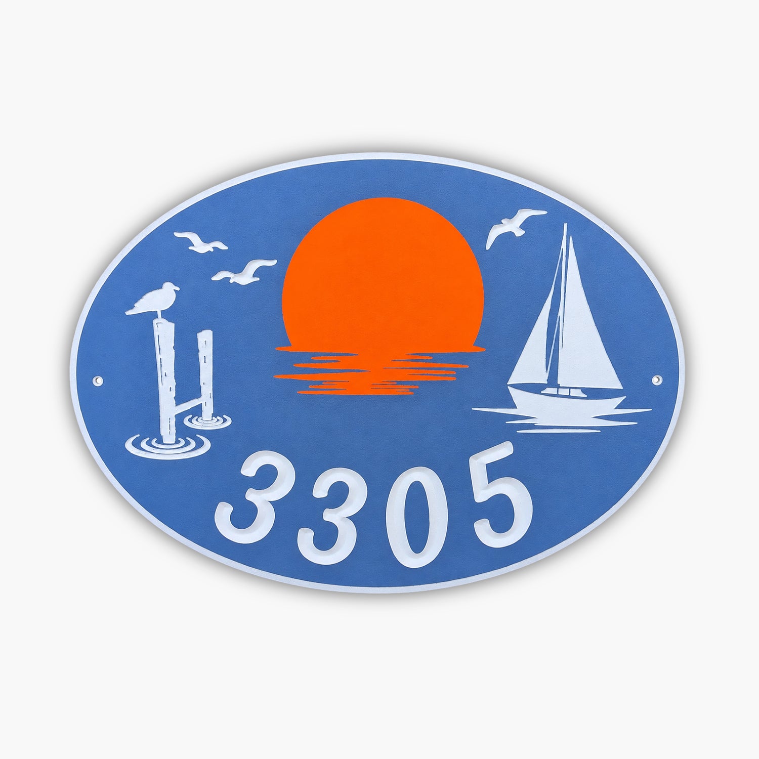 Oval sign with a design of an orange sun setting over water, featuring seagulls, a sailboat, and a post with a resting bird. The number 3305 is displayed prominently below, reminiscent of pieces in a serene gallery. The background is a muted gray.