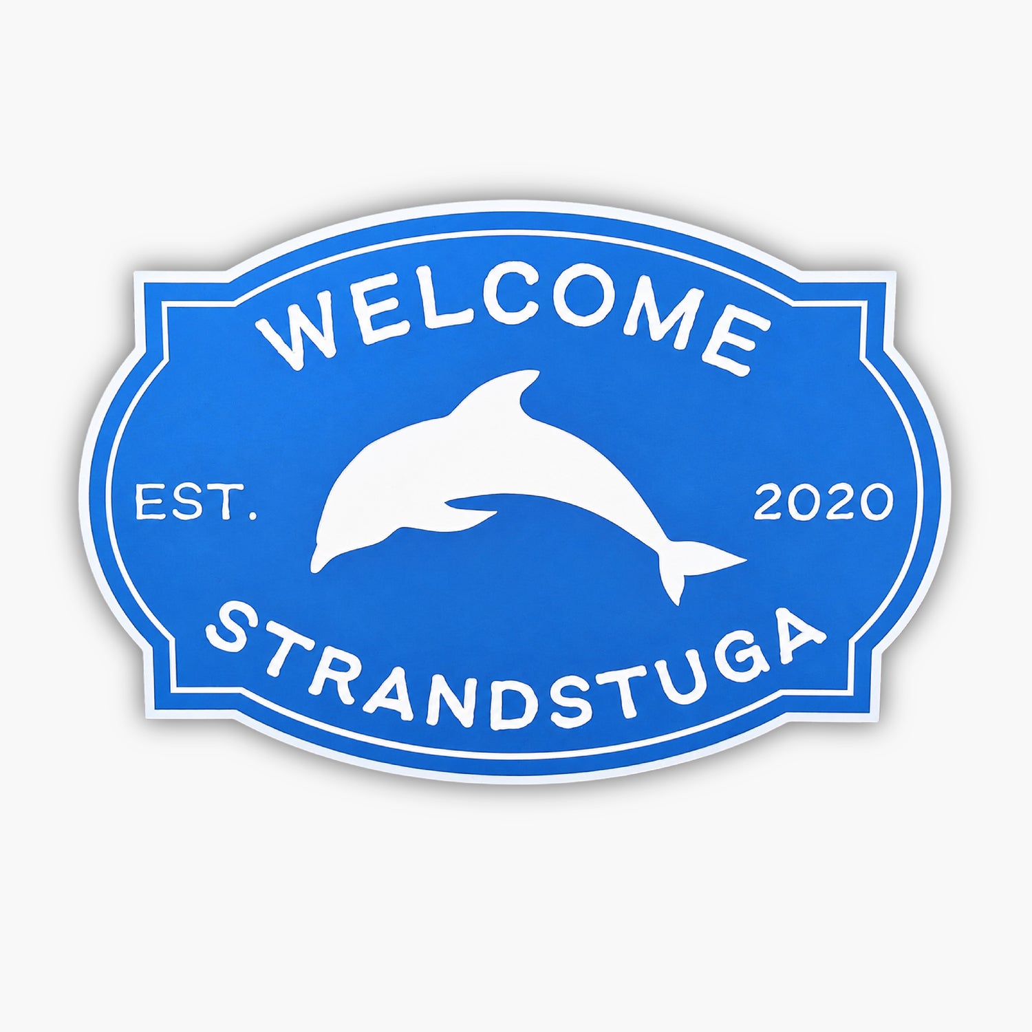 The Personalized Oval Custom Beach House Sign, featuring a blue and white dolphin silhouette, beautifully captures coastal decor. It proudly states WELCOME STRANDSTUGA with EST. 2020 charmingly flanked on each side.