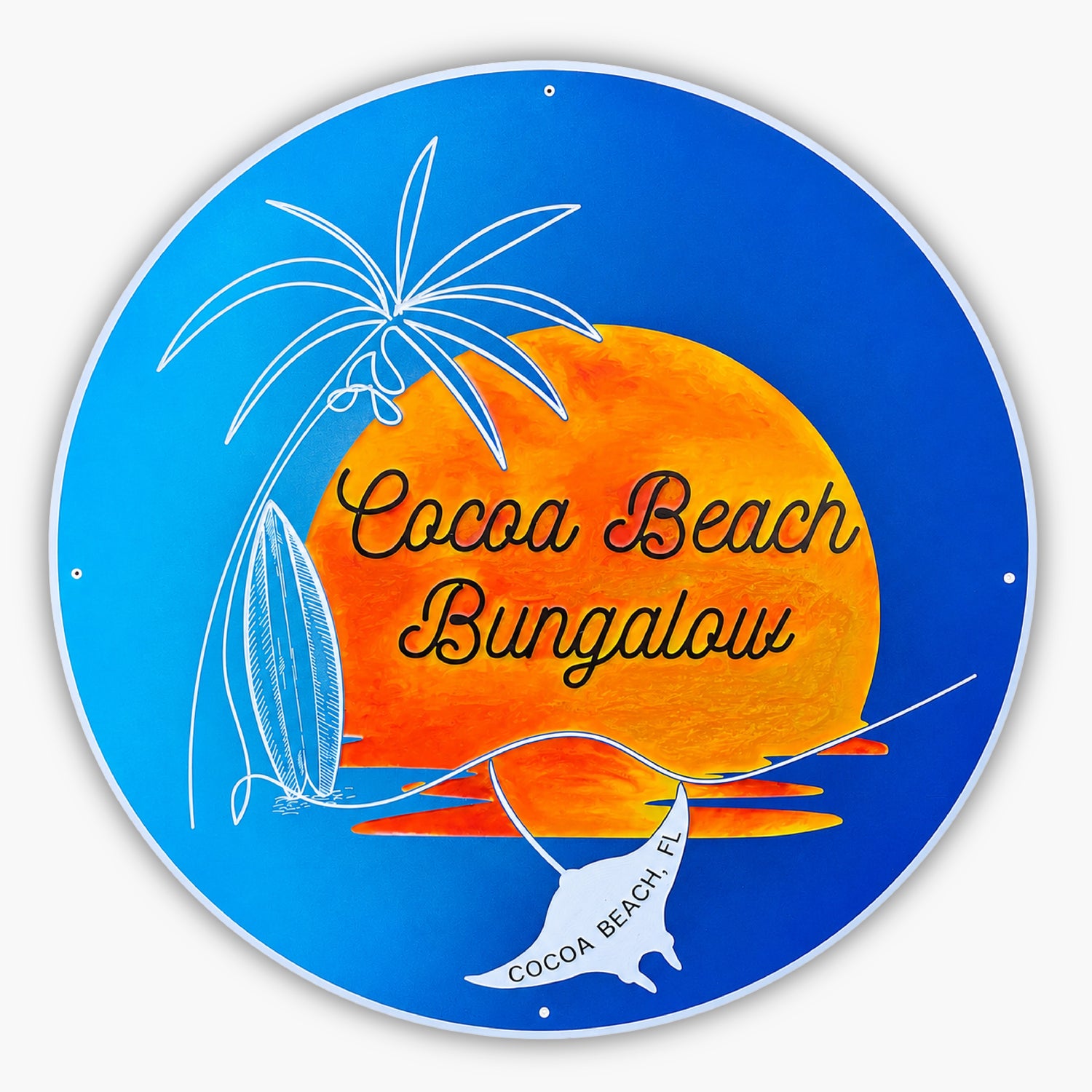 The Personalized Custom Beach House Sign showcases Cocoa Beach Bungalow in vibrant orange against a blue and orange sunset backdrop, featuring a palm tree, surfboard, and a manta ray silhouette with Cocoa Beach, FL gracefully inscribed.