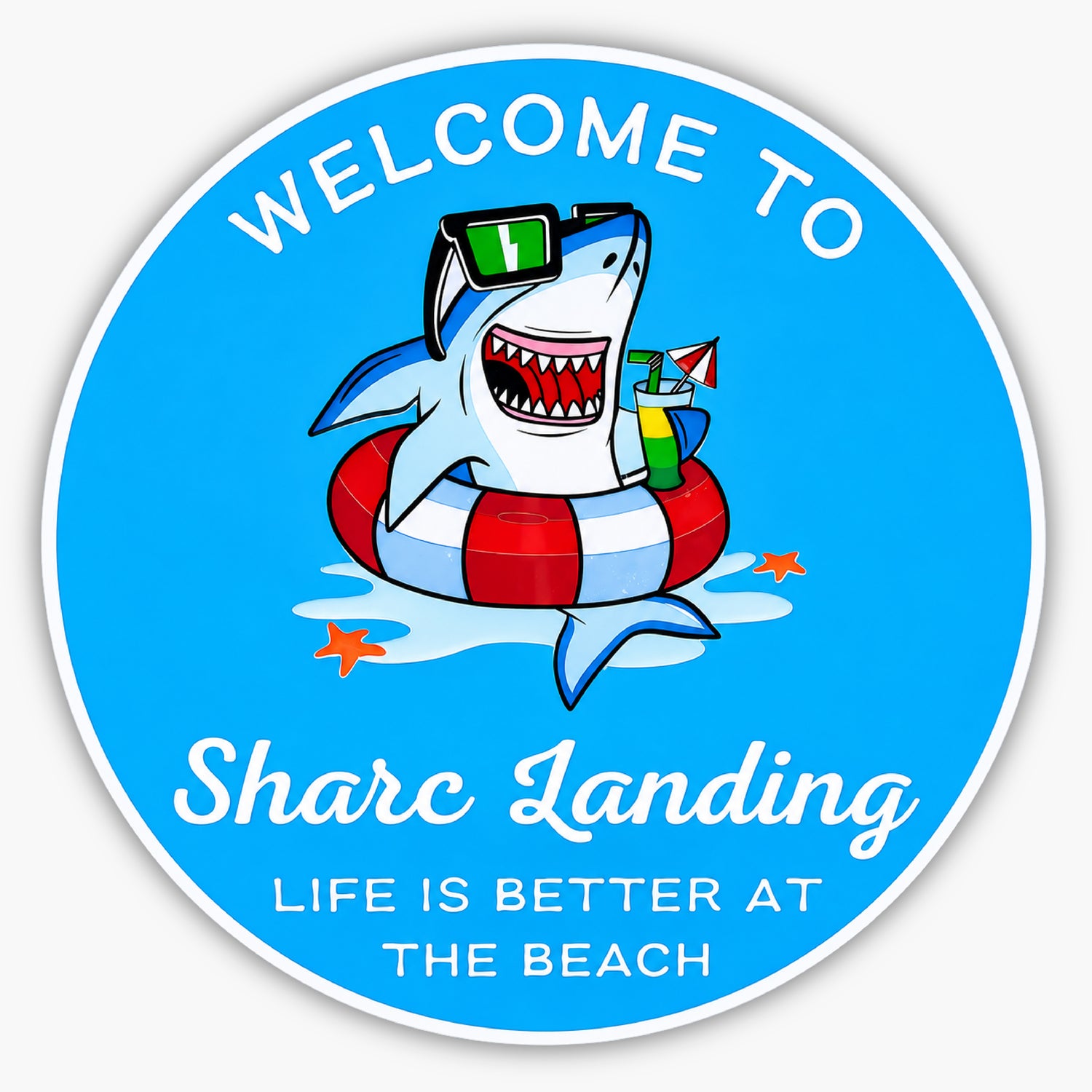 The Personalized Custom Beach House Sign depicts a cartoon shark in sunglasses and a swim ring enjoying a tropical drink, with the words Welcome to Sharc Landing. Life is better at the beach against a blue background with orange starfish accents.