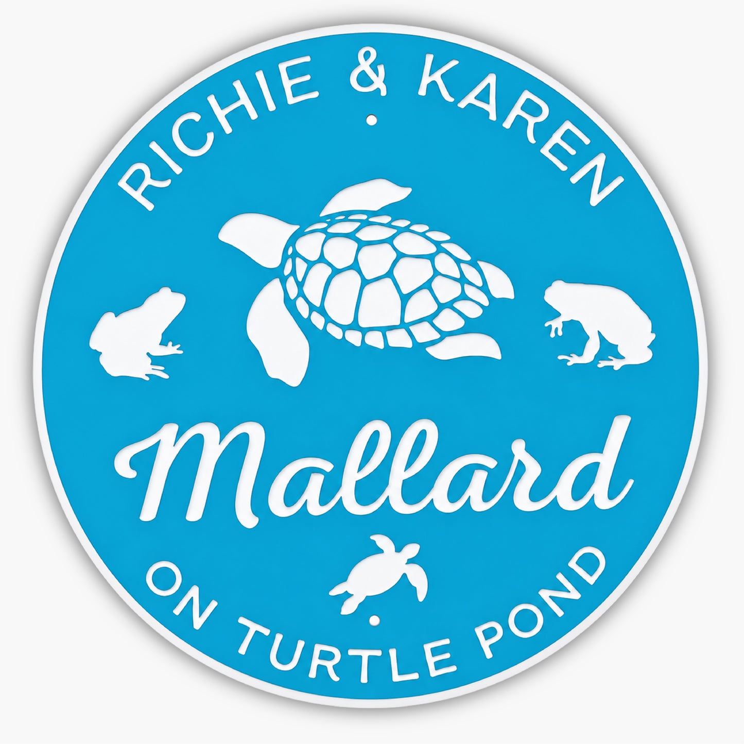 A personalized round beach house sign features charming illustrations of turtles and frogs, with text saying Richie & Karen Mallard on Turtle Pond.