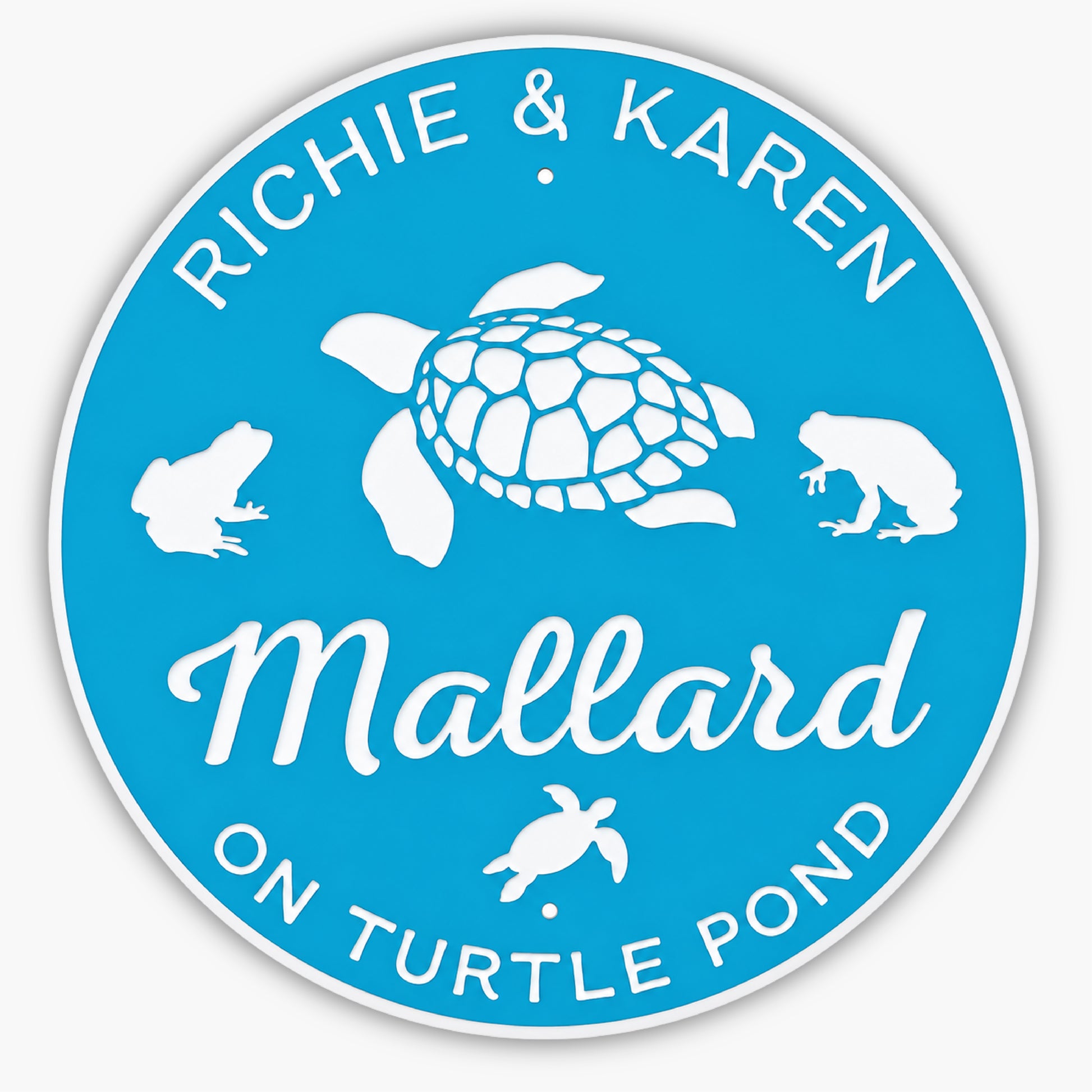 A personalized round beach house sign features charming illustrations of turtles and frogs, with text saying Richie & Karen Mallard on Turtle Pond.