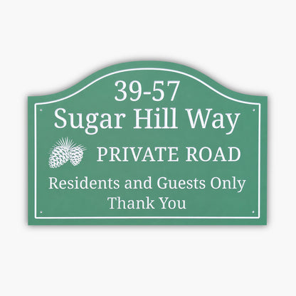 Green sign reads: 39-57 Sugar Hill Way. PRIVATE ROAD. Residents and Guests Only. Thank You. It features a small pinecone illustration on the left side.