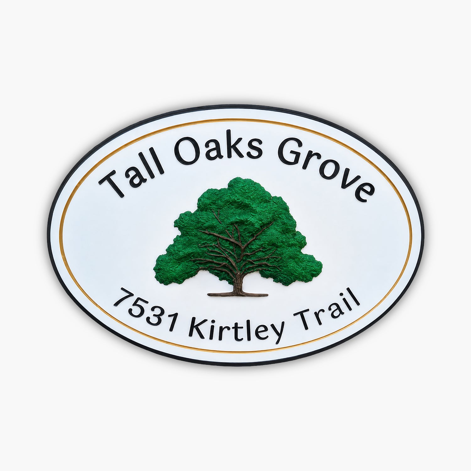 Oval sign crafted with a 3D effect, featuring a green tree illustration in the center. Text above reads Tall Oaks Grove, and below reads 7531 Kirtley Trail. The background resembles horizontal wood siding but is actually durable PVC.