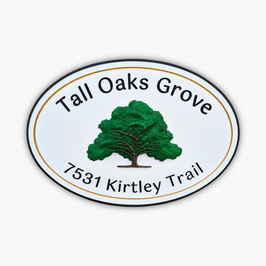 Oval sign crafted with a 3D effect, featuring a green tree illustration in the center. Text above reads Tall Oaks Grove, and below reads 7531 Kirtley Trail. The background resembles horizontal wood siding but is actually durable PVC.