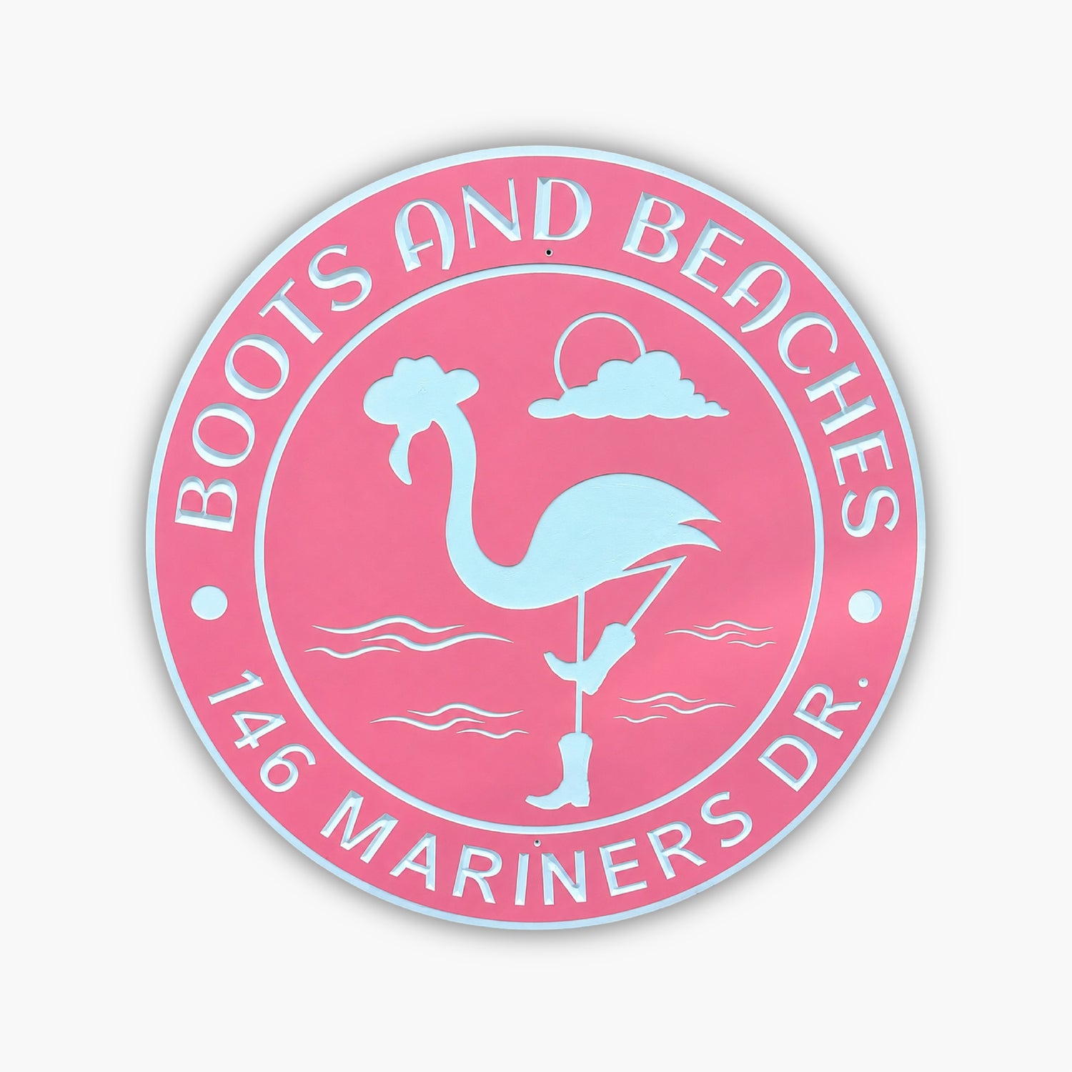 boots and beaches pink address sign